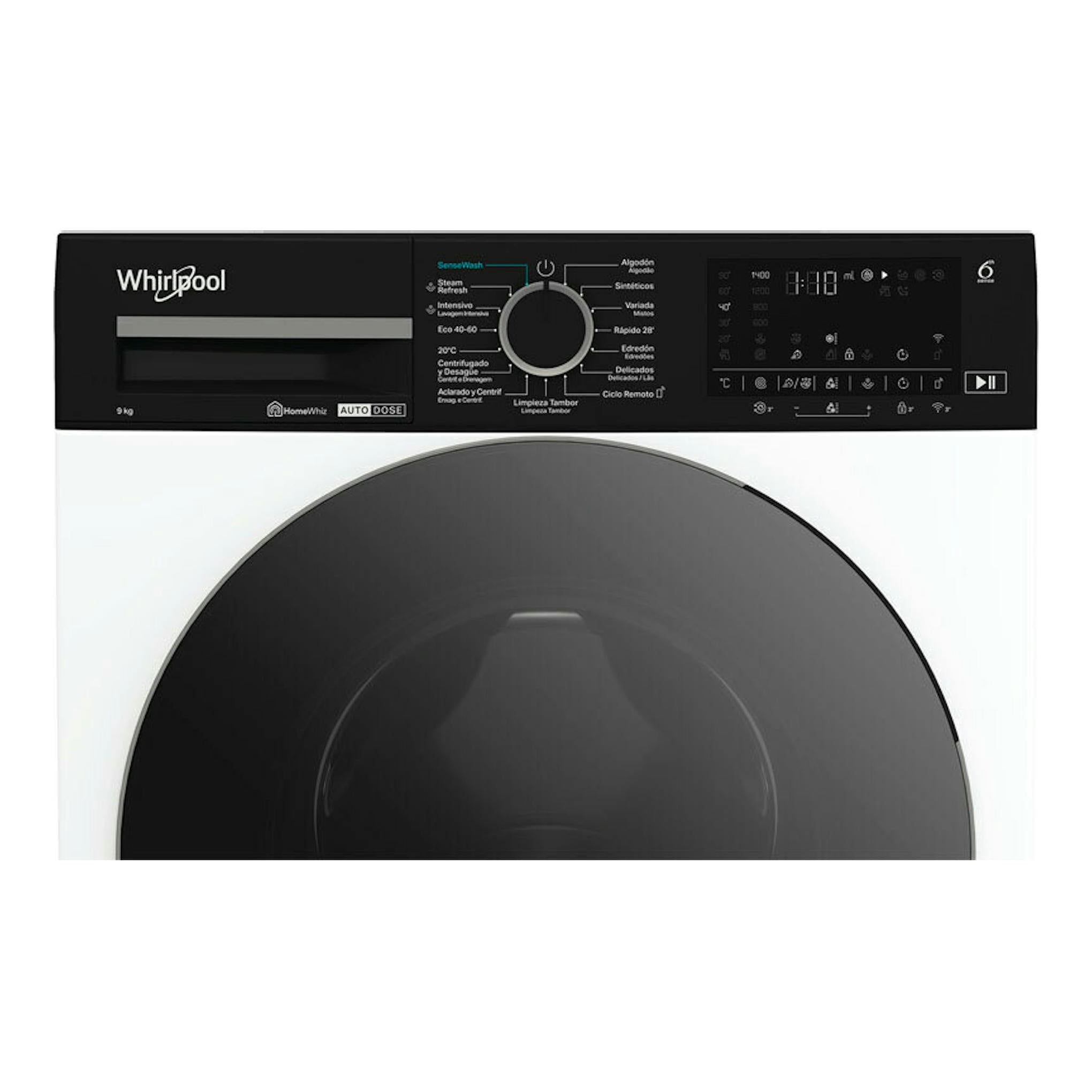 Lavadora Whirlpool WPM97WADSSPT negra, vista frontal, con panel digital y puerta circular.