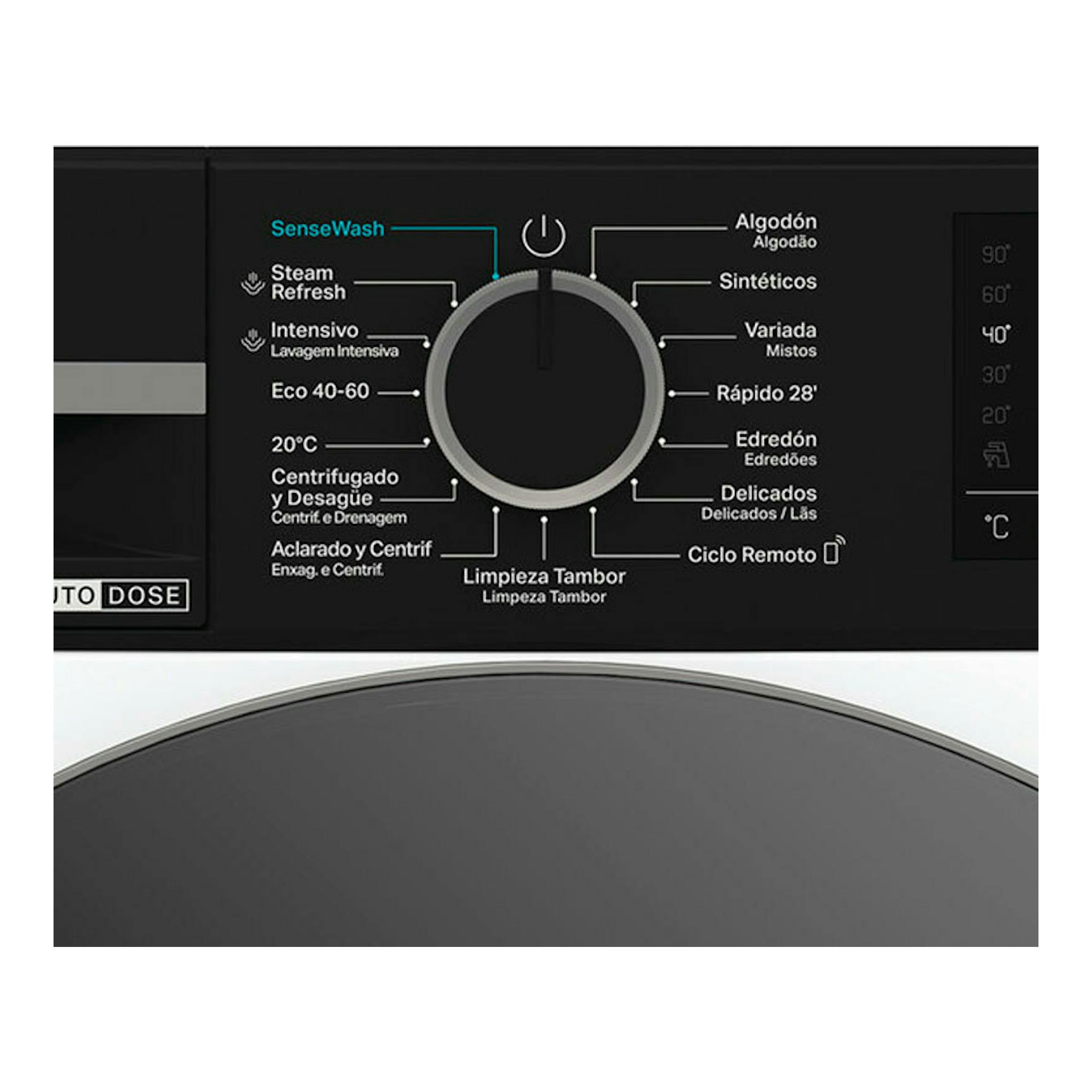 Vista frontal parcial del panel de lavadora Whirlpool WPM97WADSSPT negra, con selector central y programas.