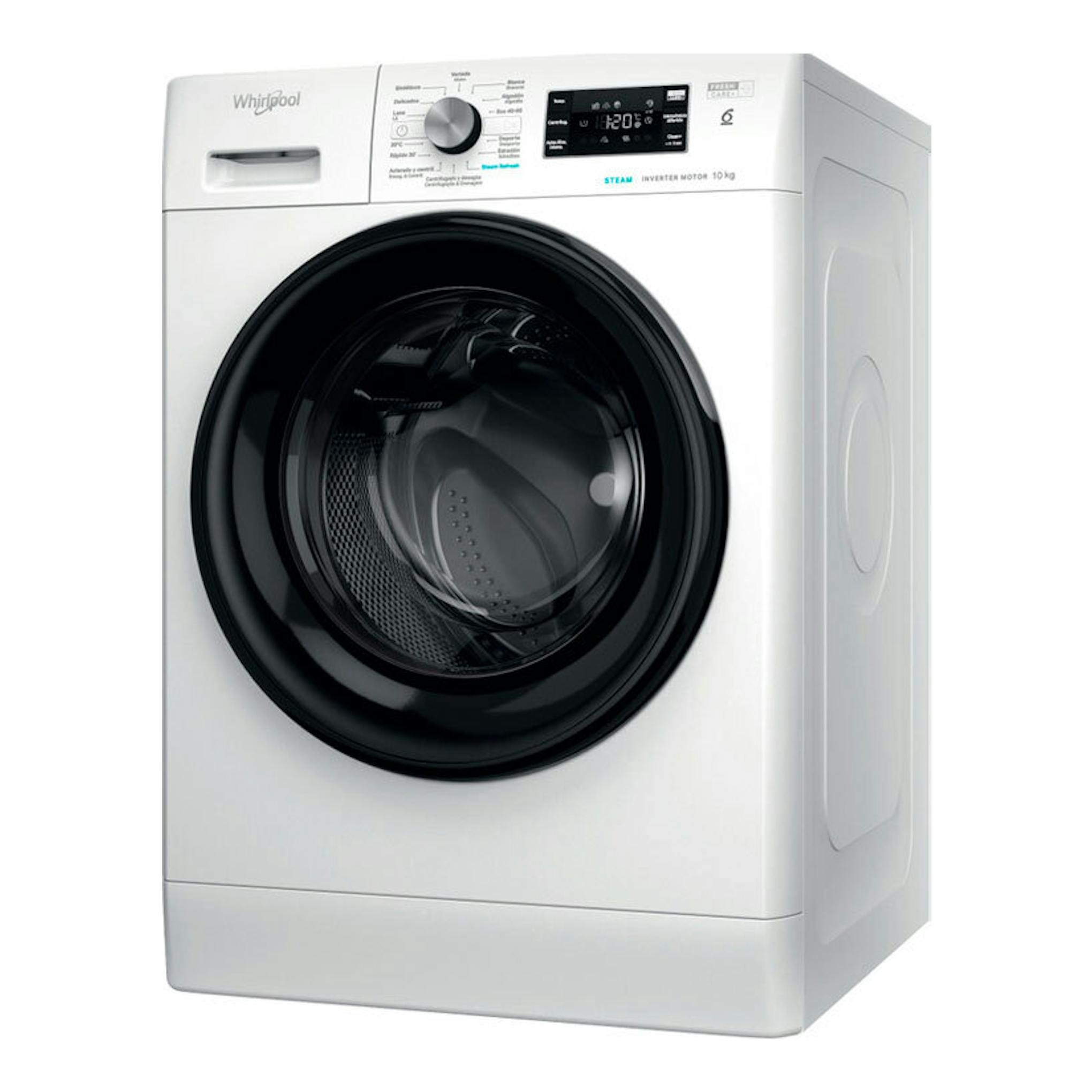 Lavadora Whirlpool FFB10489BVSPT blanca de 10 kg, vista frontal en ángulo, con puerta negra y panel digital.
