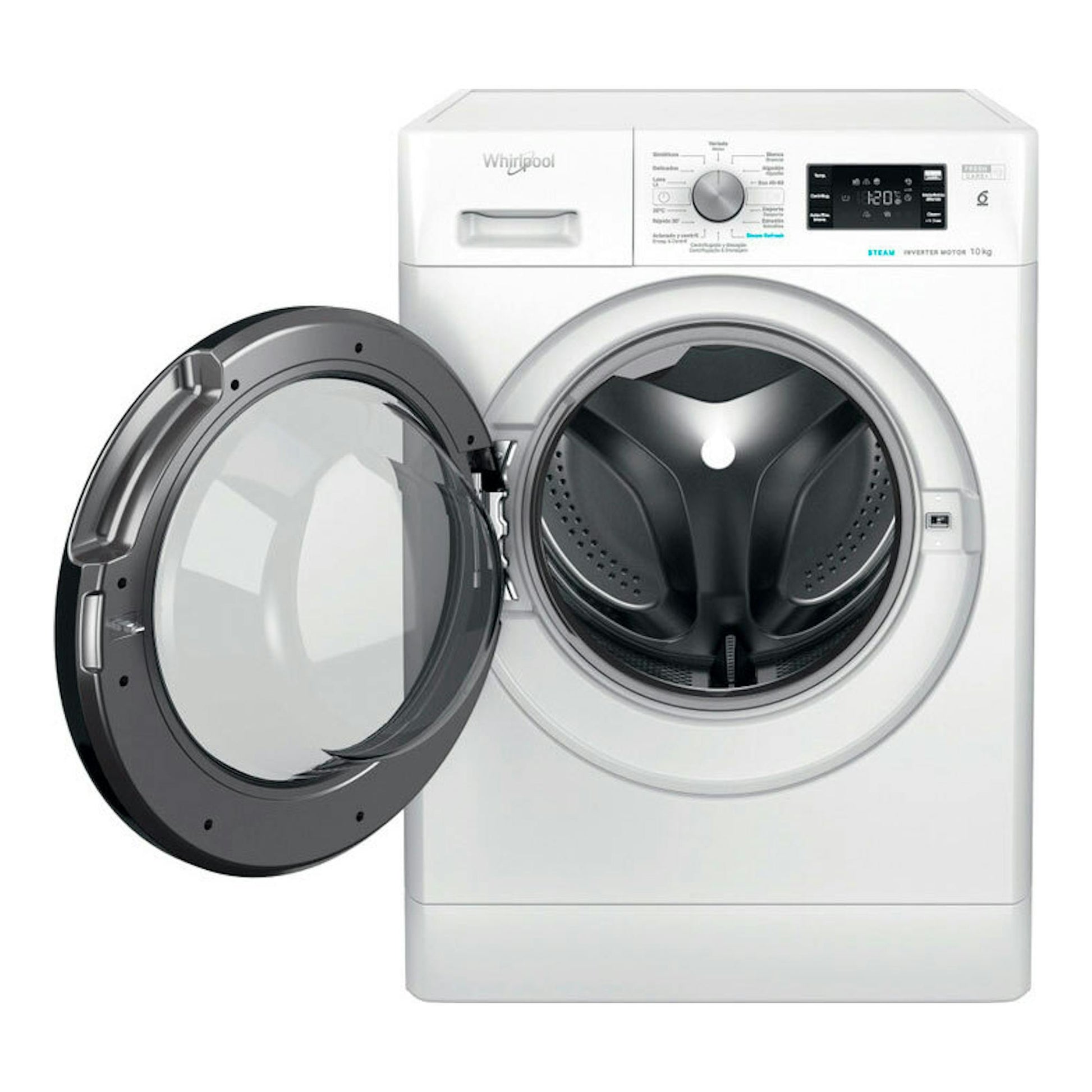 Lavadora frontal Whirlpool FFB10489BVSPT blanca, vista frontal, con la puerta abierta.