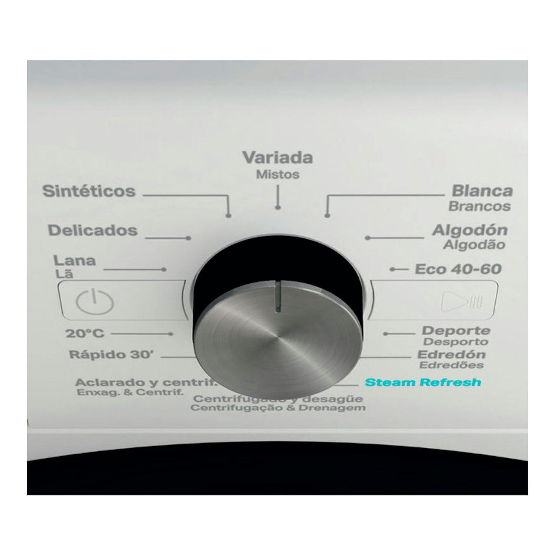 Lavadora Whirlpool FFB10489BVSPT, primer plano del selector frontal plateado en panel blanco con programas.