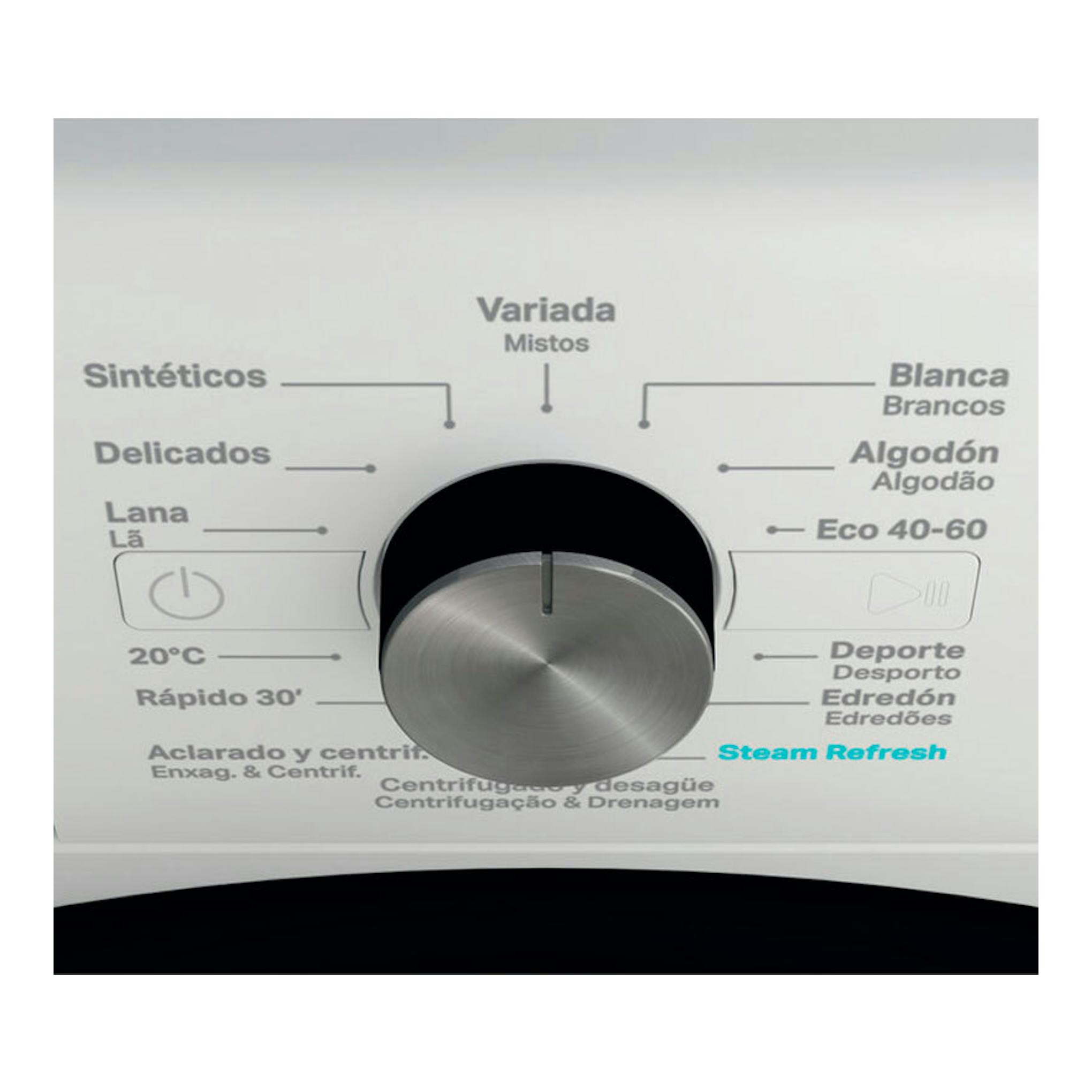 Lavadora Whirlpool FFB10489BVSPT, primer plano del selector frontal plateado en panel blanco con programas.