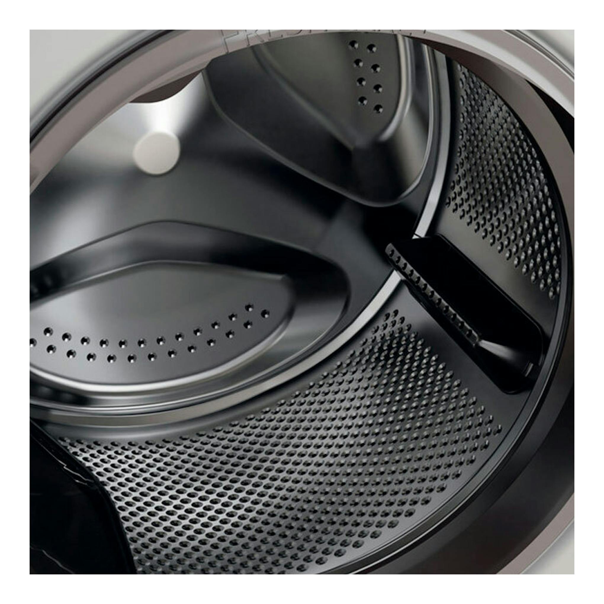 Lavadora Whirlpool FFB10489BVSPT, interior del tambor de acero inoxidable en primer plano.