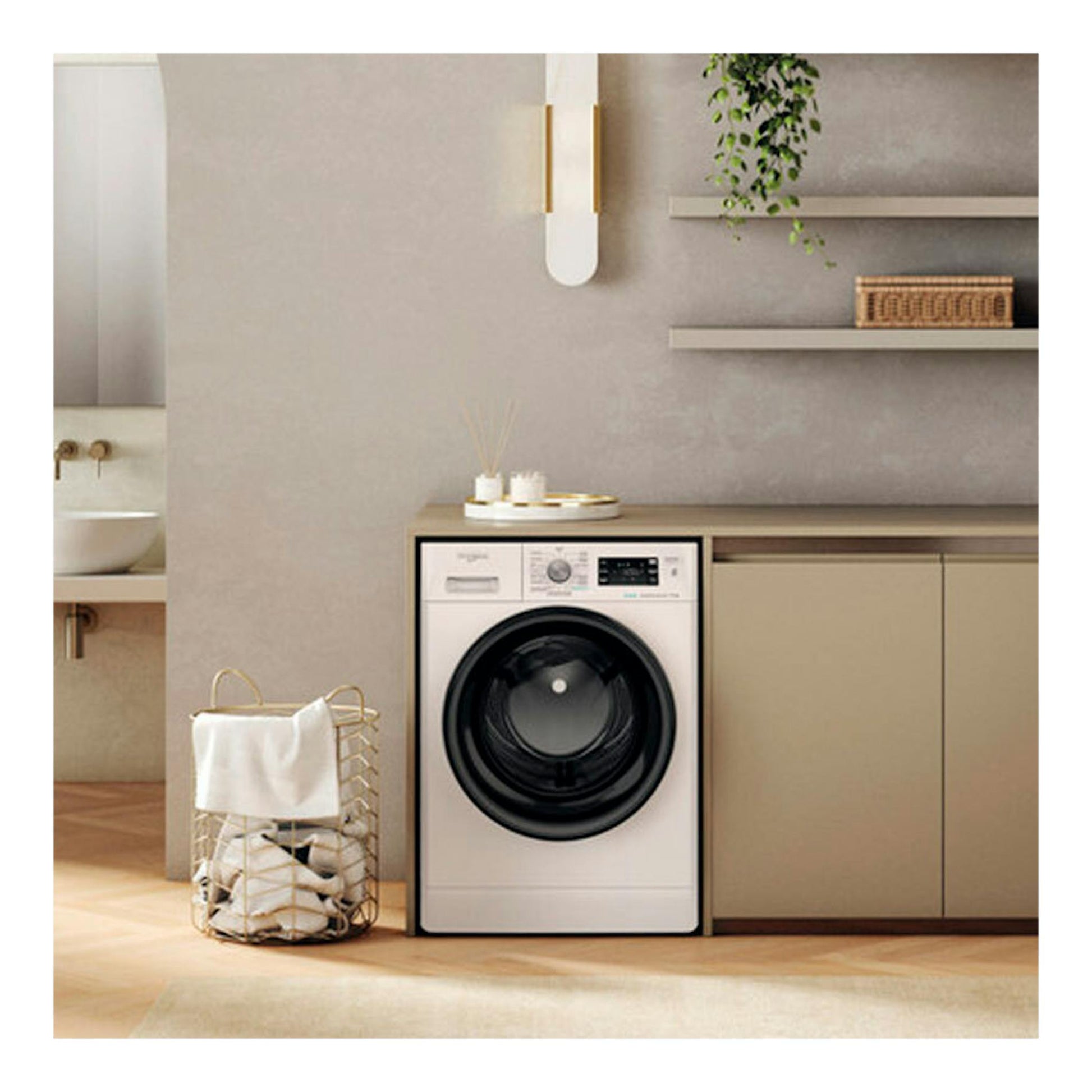 Lavadora frontal blanca Whirlpool FFB10489BVSPT integrada en mueble, vista frontal.