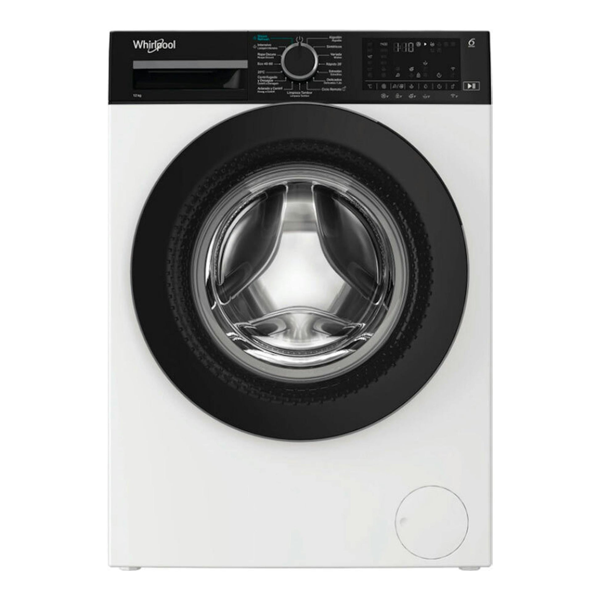 Lavadora Whirlpool WAM 27WB SPT blanca, vista frontal, con puerta circular negra y panel superior digital.
