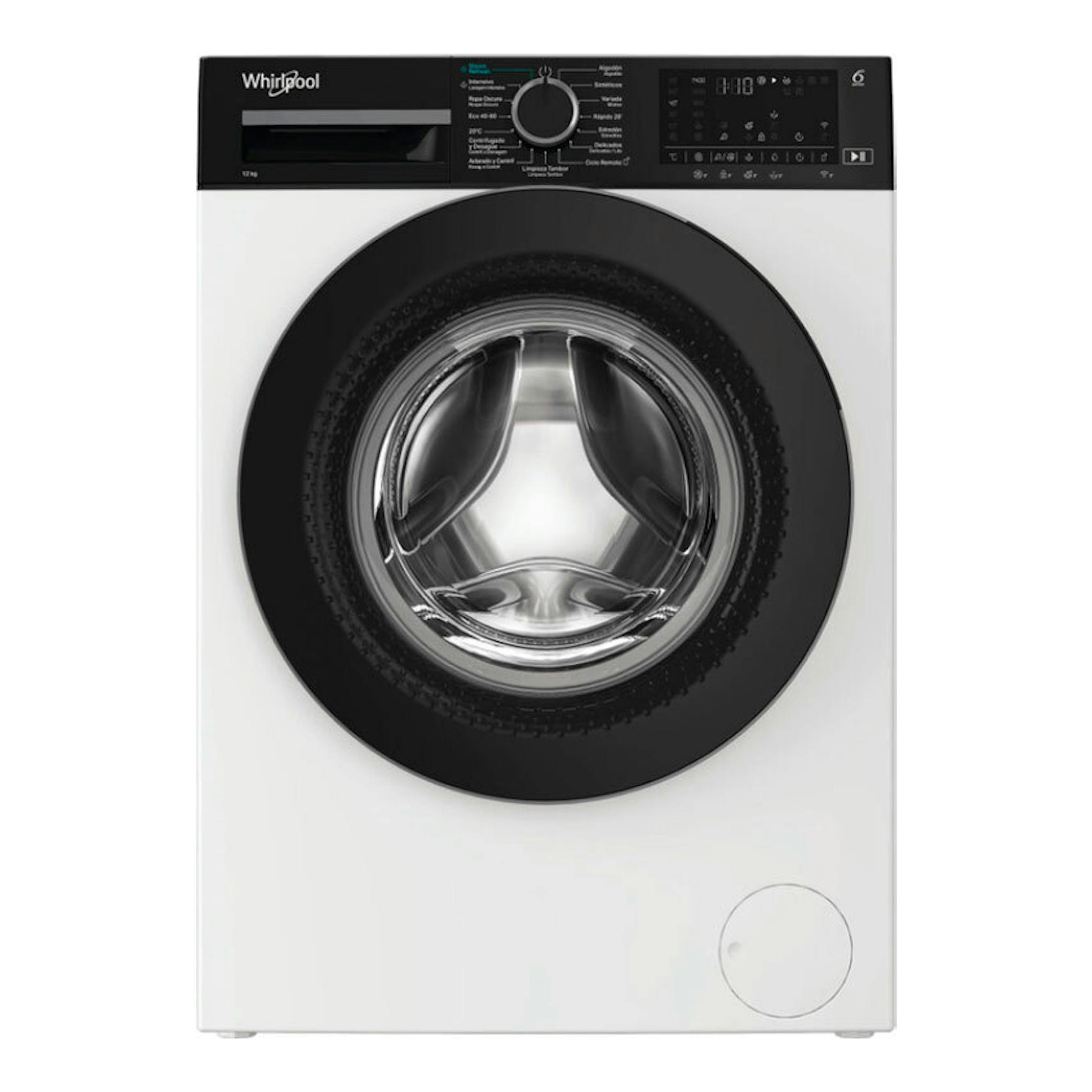 Lavadora Whirlpool WAM 27WB SPT blanca, vista frontal, con puerta circular negra y panel superior digital.