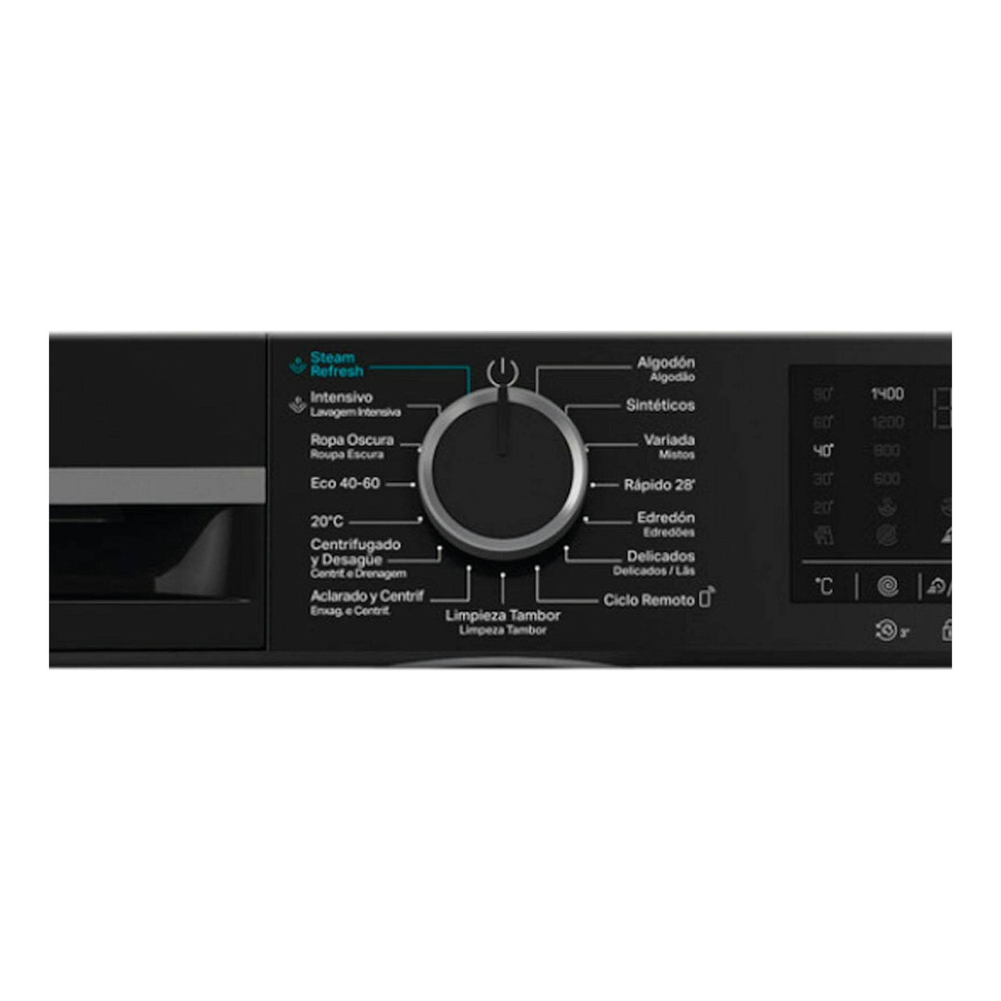 Vista frontal del panel negro de lavadora Whirlpool WAM 27WB SPT, con selector central y pantalla digital.