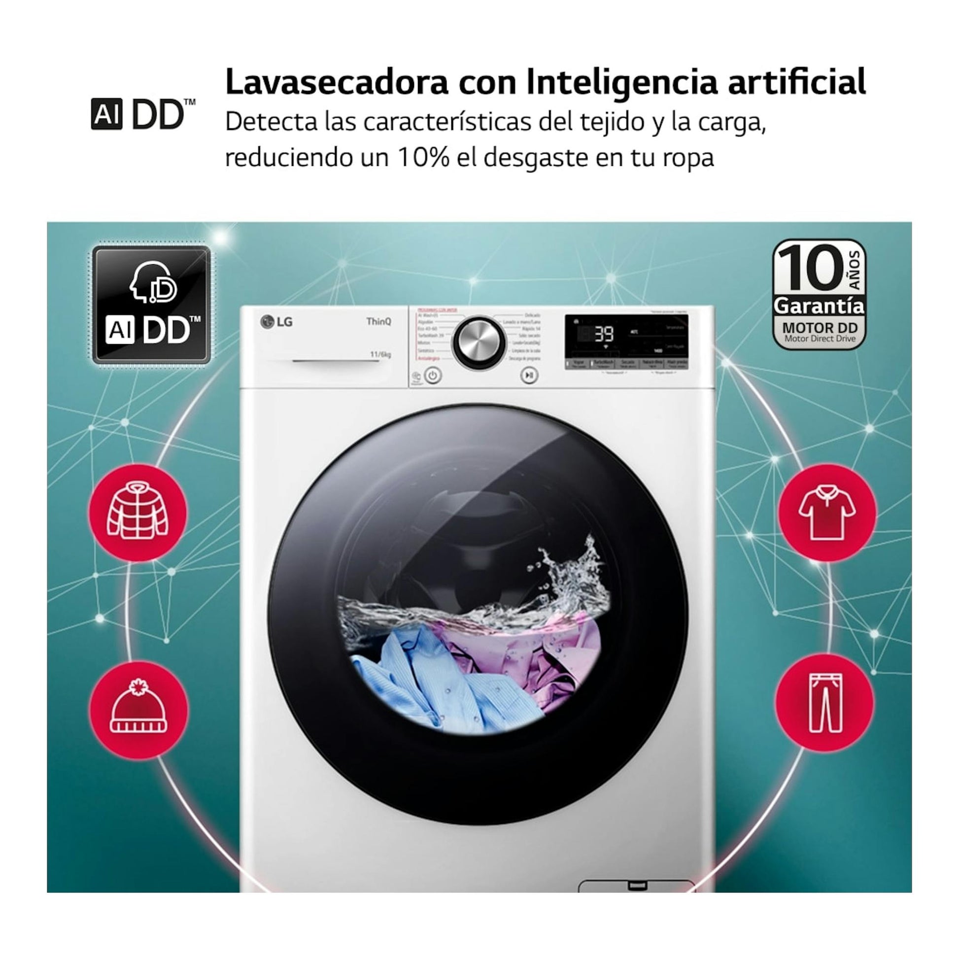 LG F4DR7011AGW, lavasecadora blanca de carga frontal con puerta negra y panel superior visible.