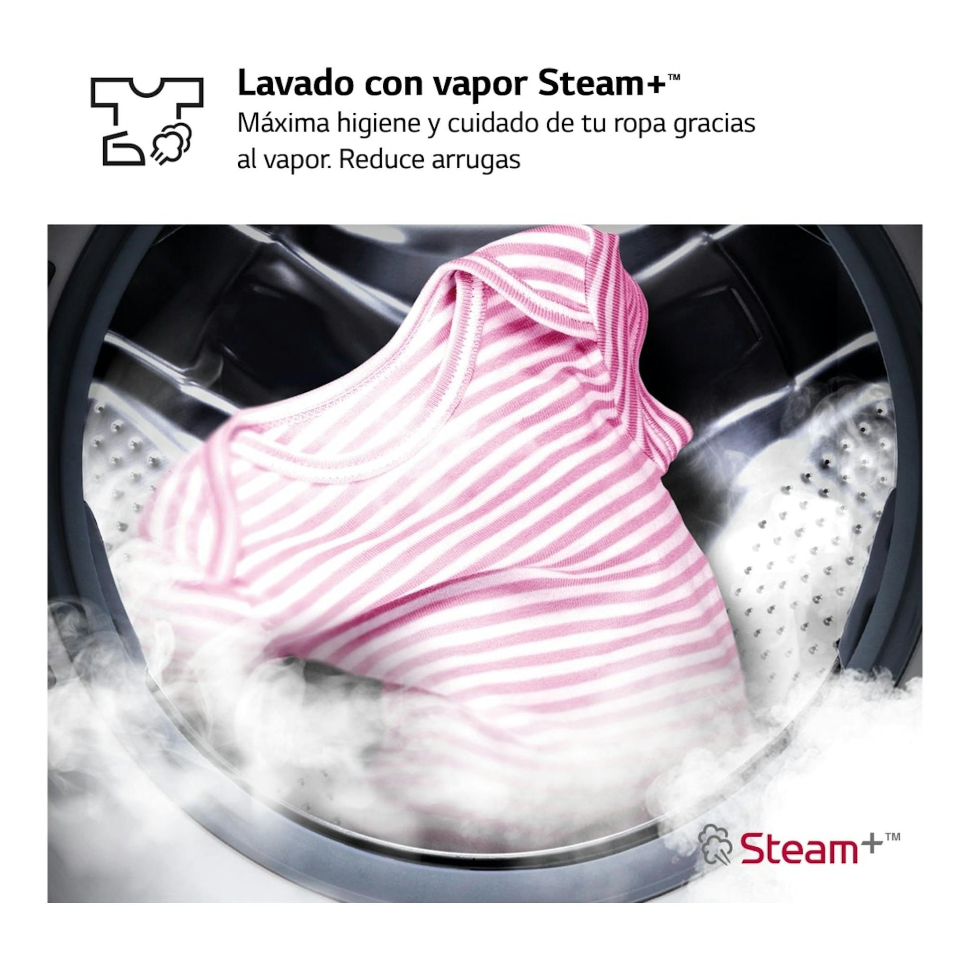 Gráfico de LG Steam+ con camiseta rosa a rayas dentro del tambor de una lavasecadora.