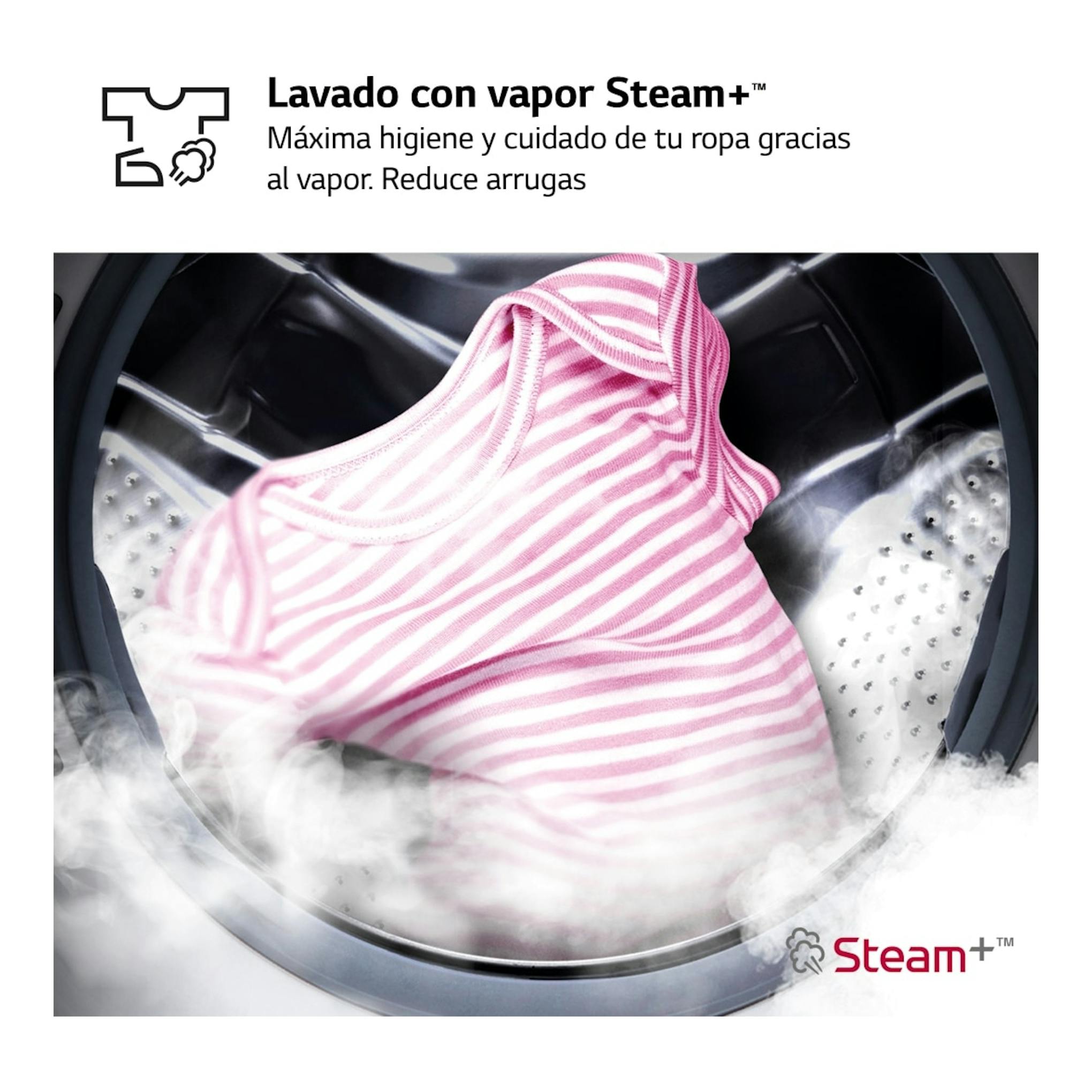 Gráfico de LG Steam+ con camiseta rosa a rayas dentro del tambor de una lavasecadora.