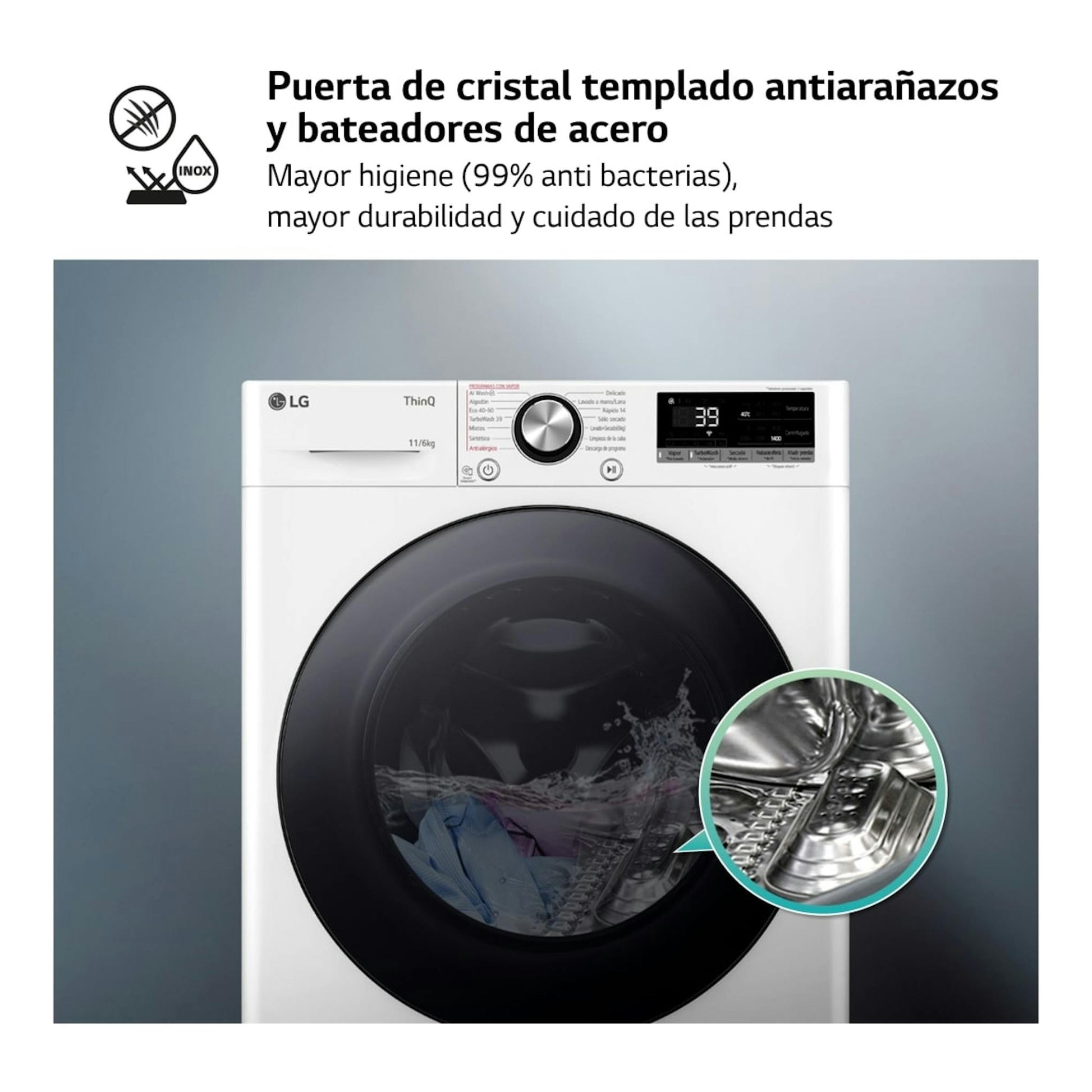 Lavasecadora LG F4DR7011AGW blanca, vista frontal, con puerta negra circular y panel digital superior.