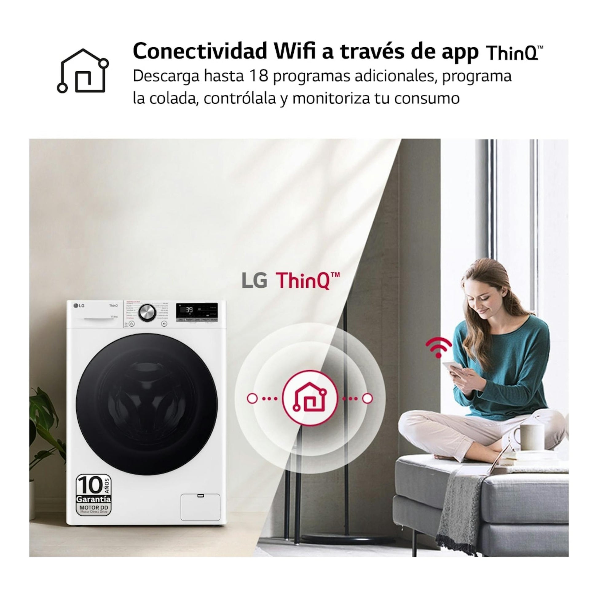 Lavasecadora LG F4DR7011AGW blanca, vista frontal, en anuncio con ThinQ y una mujer con móvil.