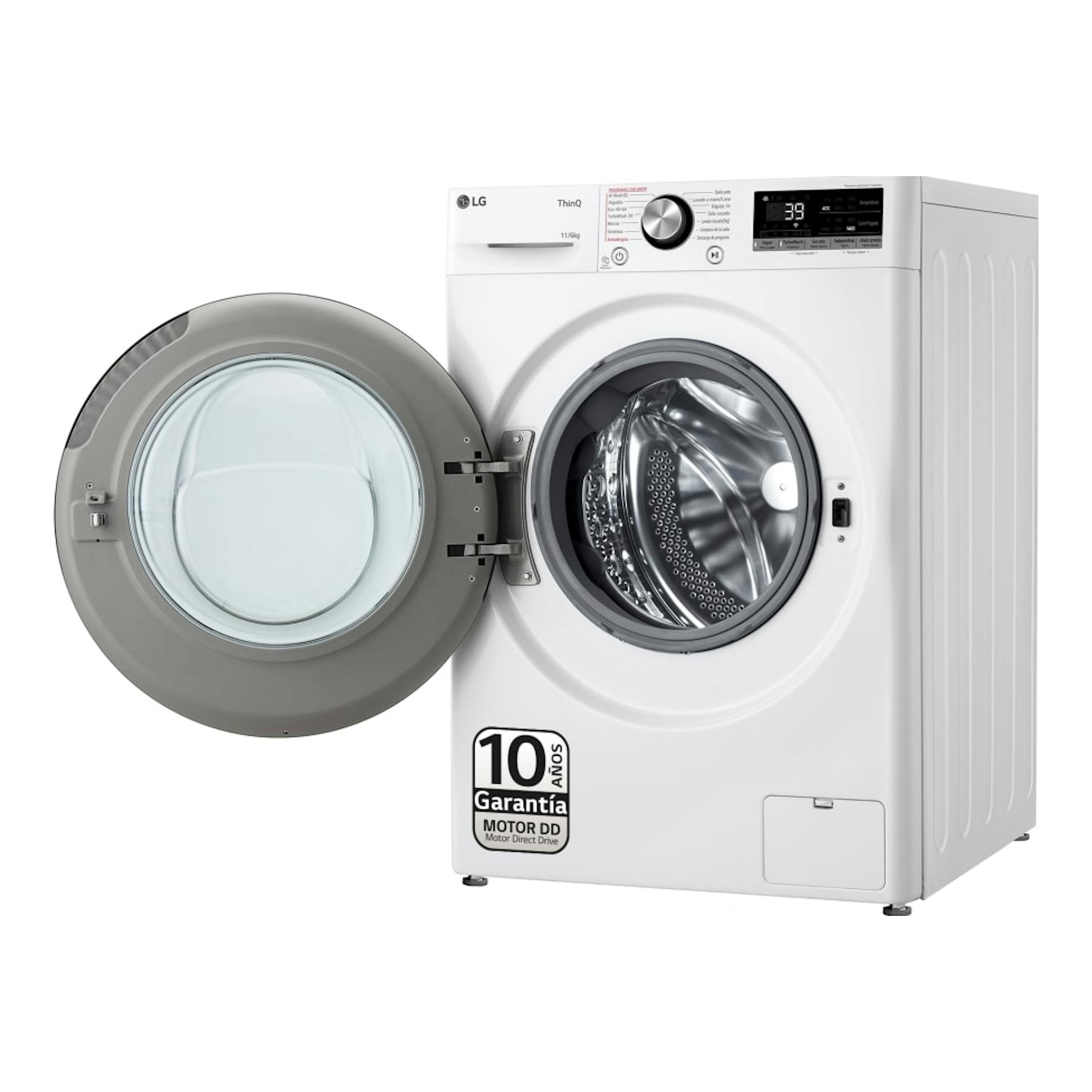 Lavasecadora LG F4DR7011AGW blanca, vista frontal con puerta abierta y tambor visible.