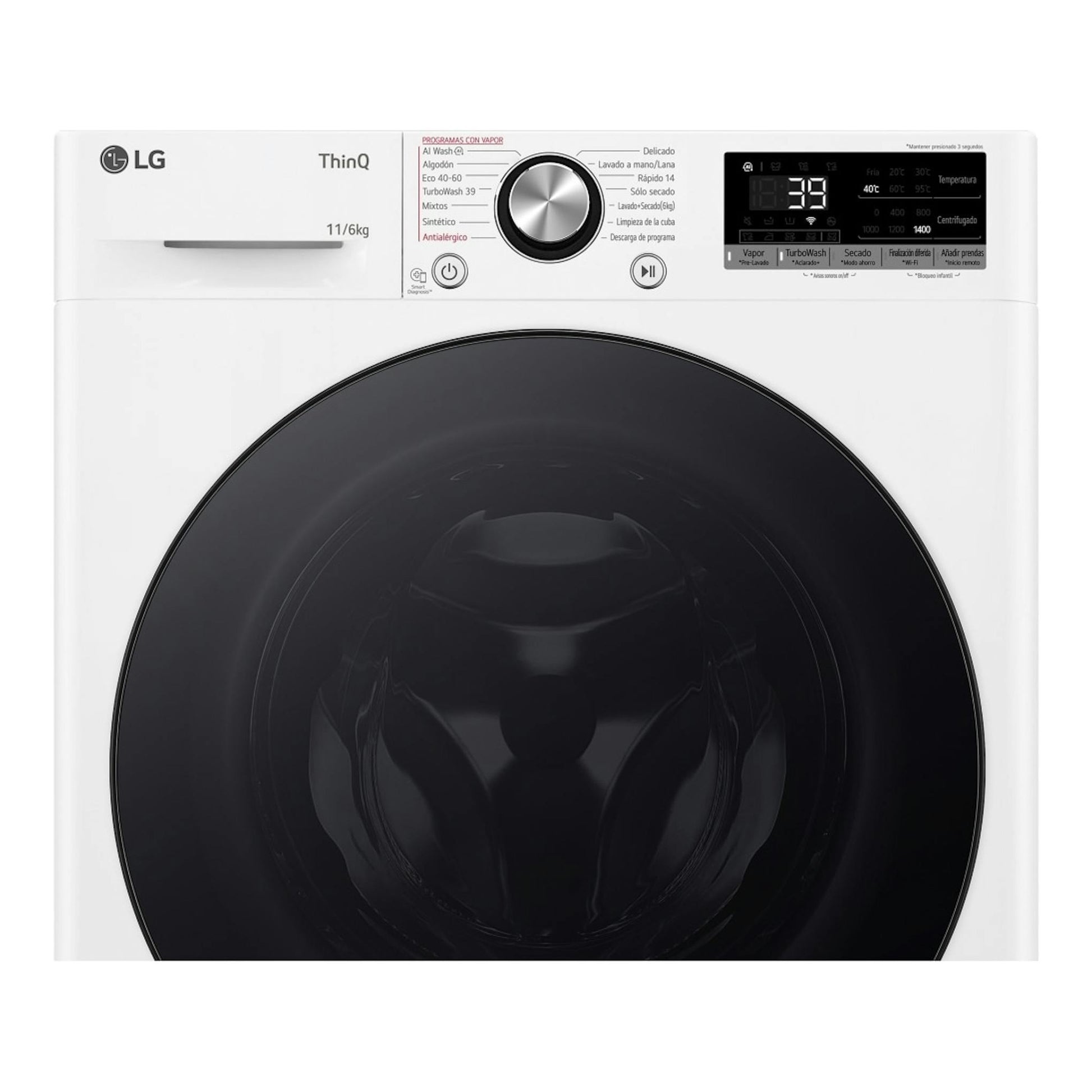 Lavasecadora LG F4DR7011AGW blanca, vista frontal, con puerta negra y panel digital superior.