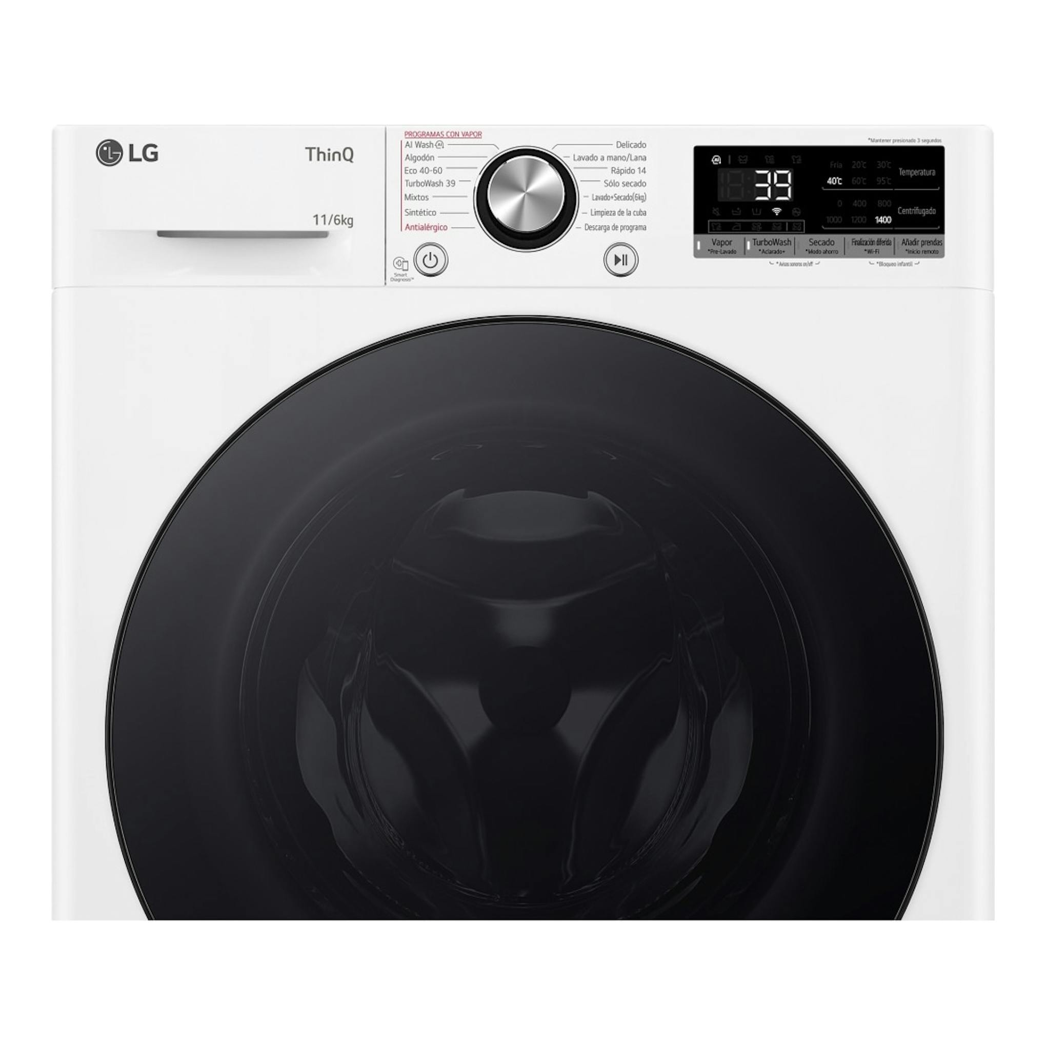 Lavasecadora LG F4DR7011AGW blanca, vista frontal, con puerta negra y panel digital superior.