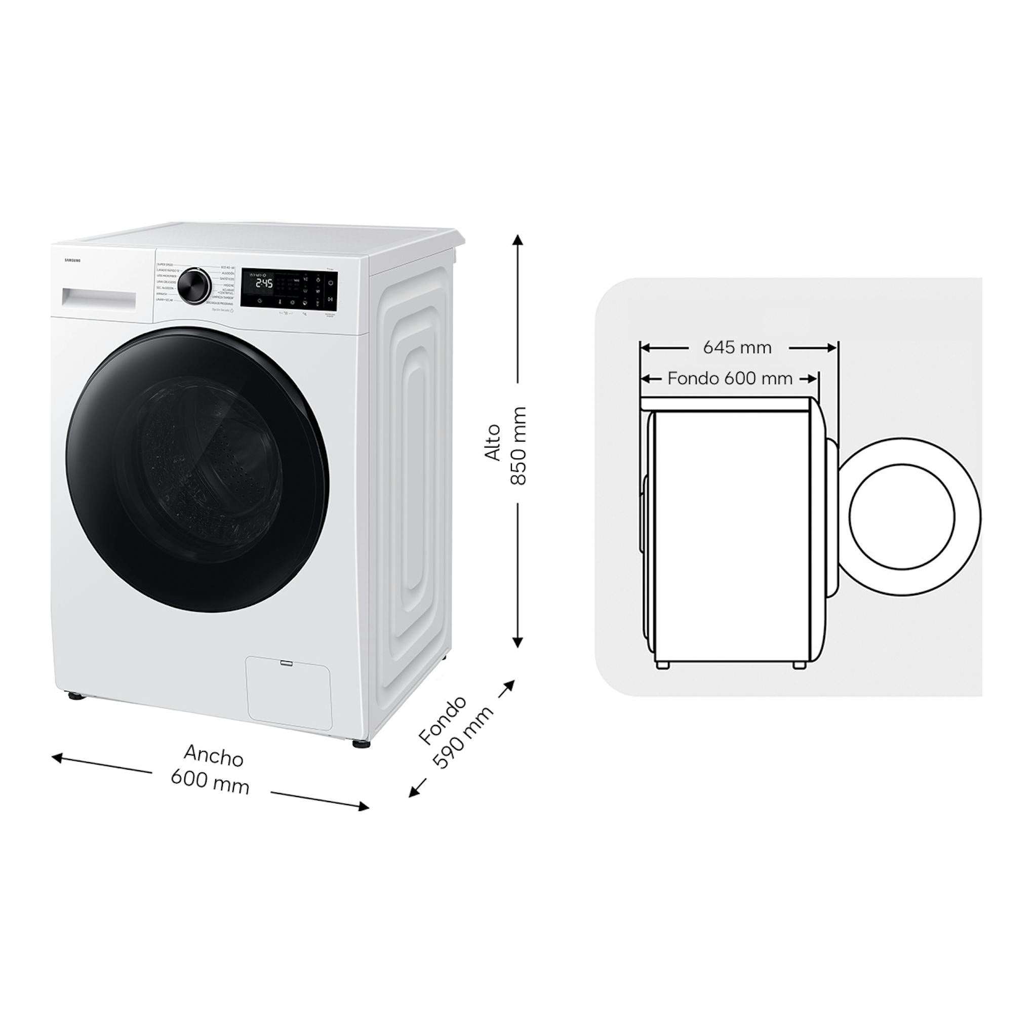Lavasecadora Samsung WD90HG5U34BEEC blanca, vista frontal, con diagrama de medidas y puerta negra.