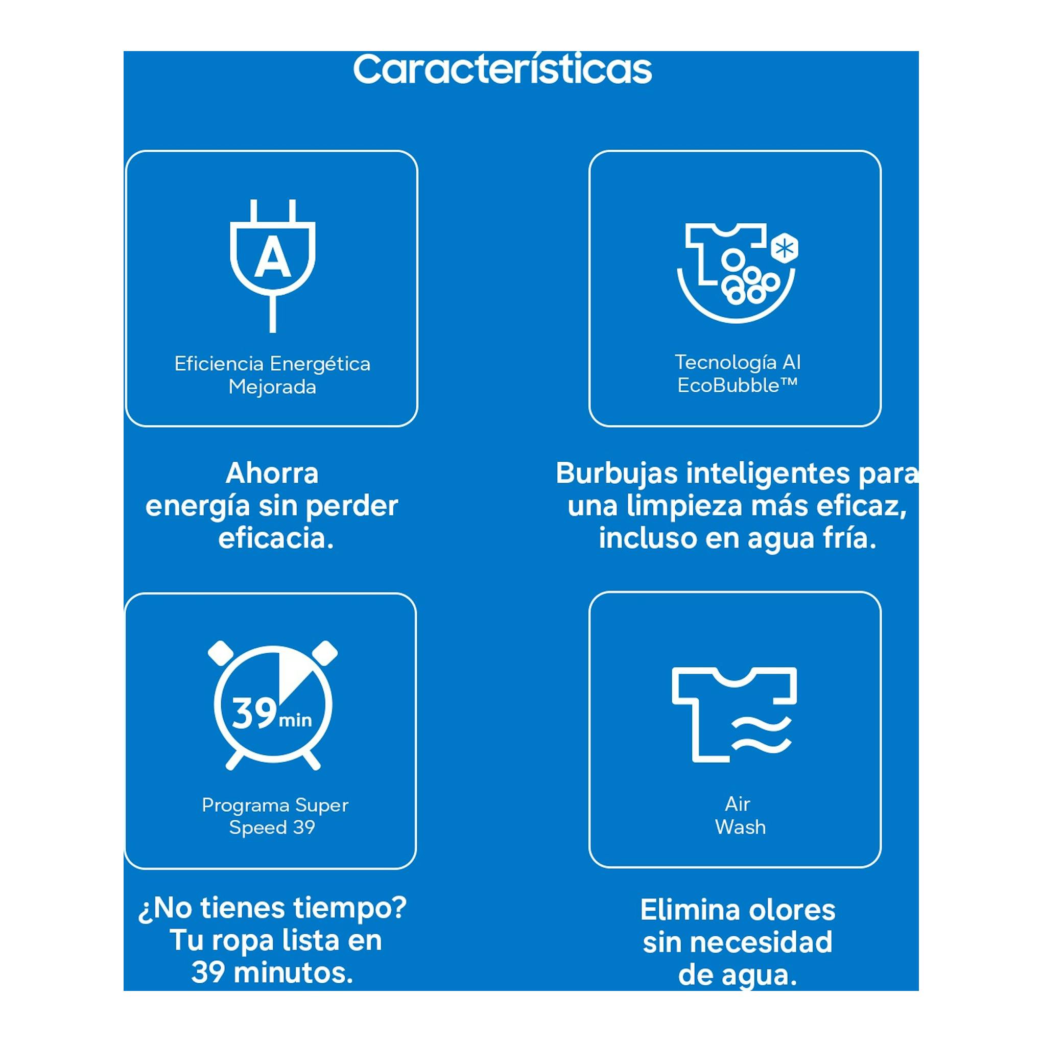 Infografía de Samsung WD90HG5U34BEEC con iconos de eficiencia A, AI EcoBubble, Super Speed 39 y Air Wash.