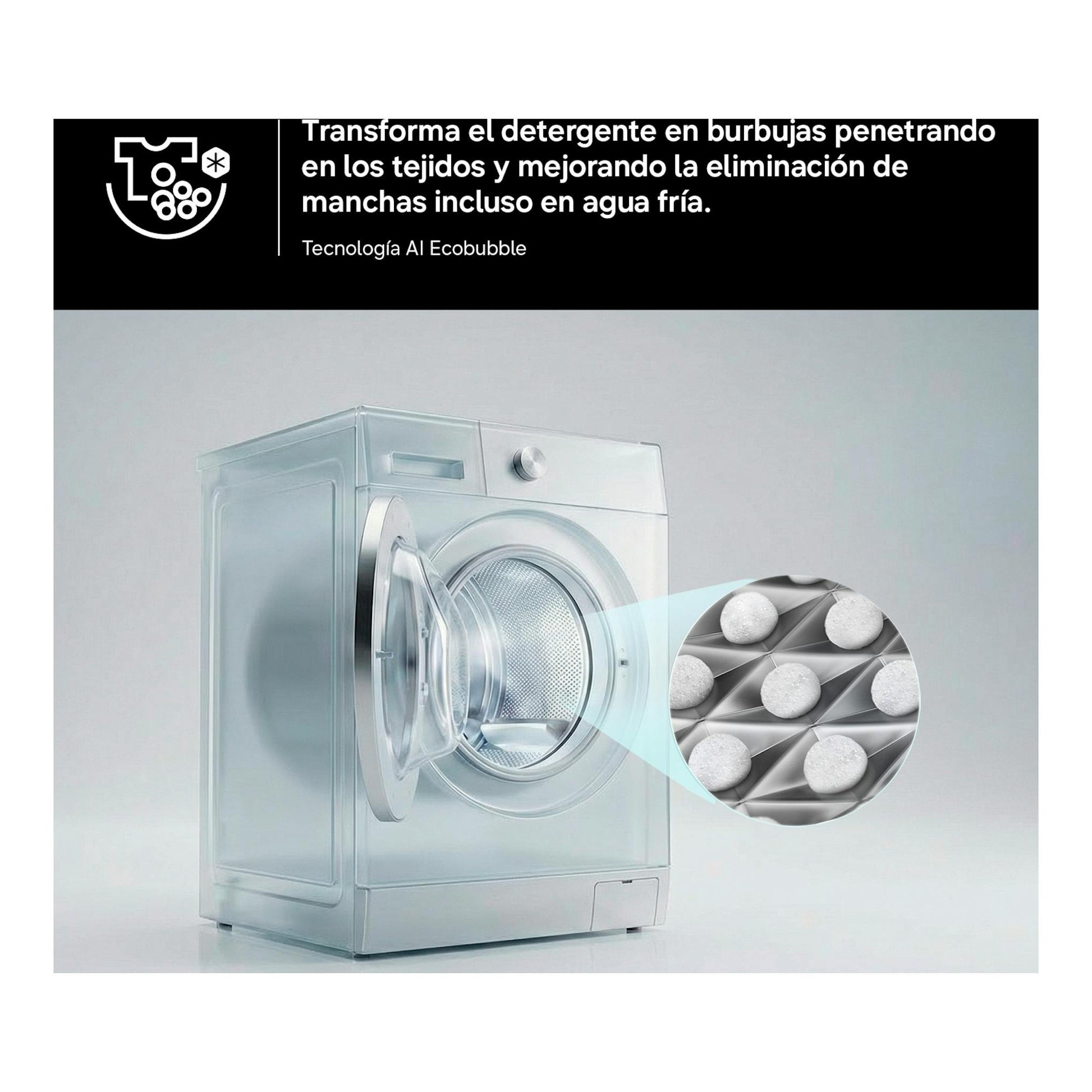 Lavasecadora Samsung WD90HG5U34BEEC frontal blanca con puerta abierta y gráfico de burbujas.