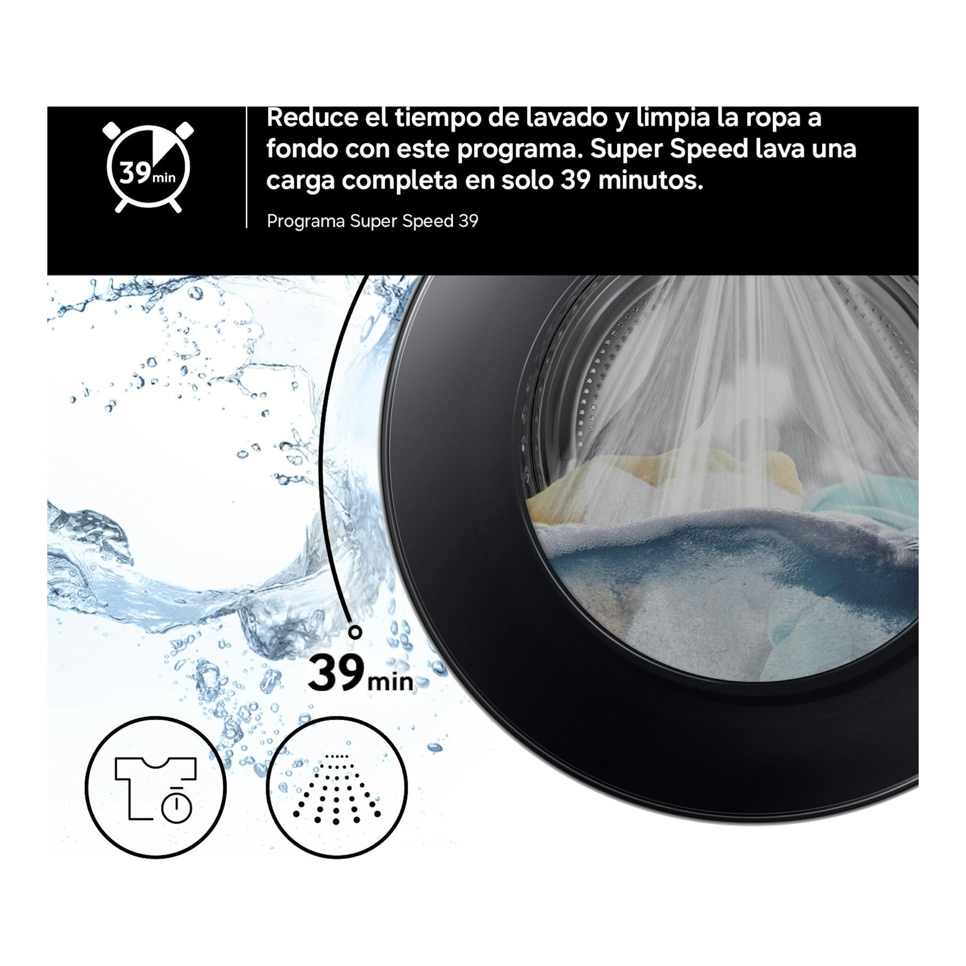 Samsung WD90HG5U34BEEC: lavasecadora de carga frontal negra con texto de programa Super Speed 39 min.