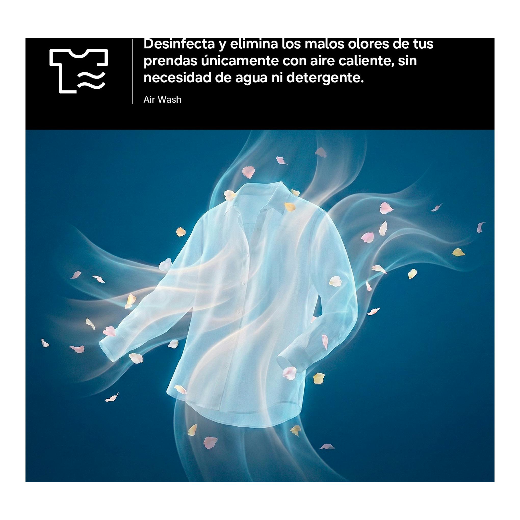 Samsung Air Wash: camisa blanca flotando entre vapor y pétalos sobre fondo azul.