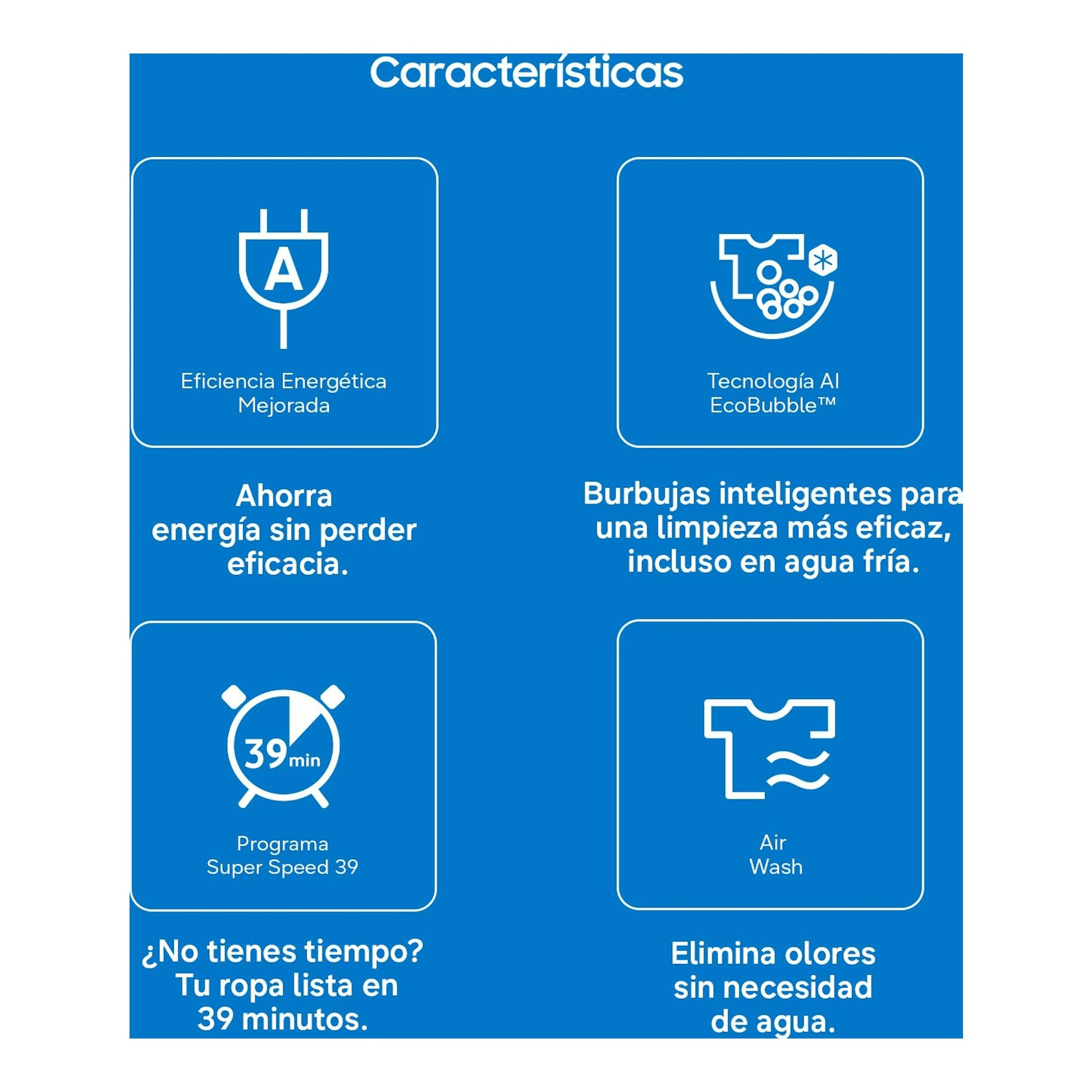 Infografía azul de la lavasecadora Samsung WD90HG5U34BXEC con iconos de eficiencia, EcoBubble, Super Speed 39 y Air Wash.