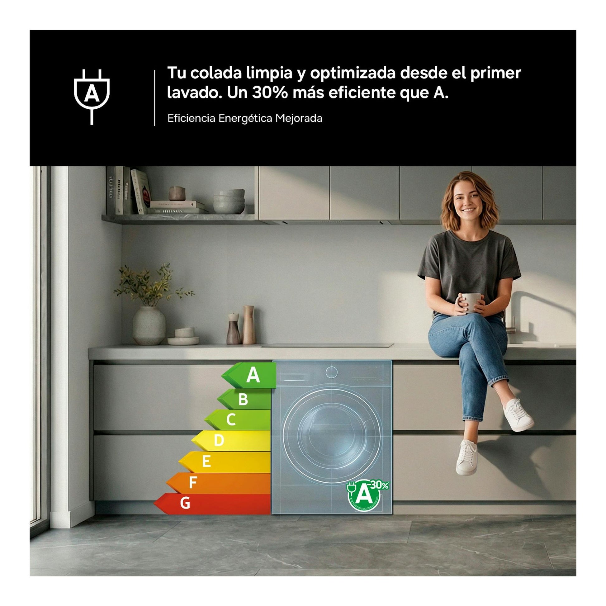 Samsung WD90HG5U34BXEC, lavasecadora frontal gris, vista frontal, con etiqueta energética A en cocina.