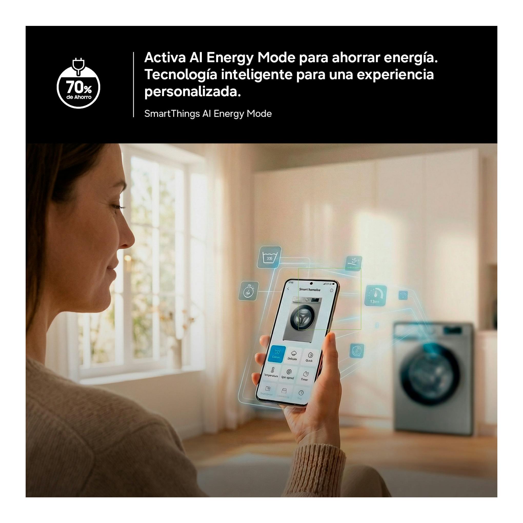 Anuncio de lavasecadora Samsung WD90HG5U34BXEC, con una mujer usando un móvil y la lavadora al fondo.