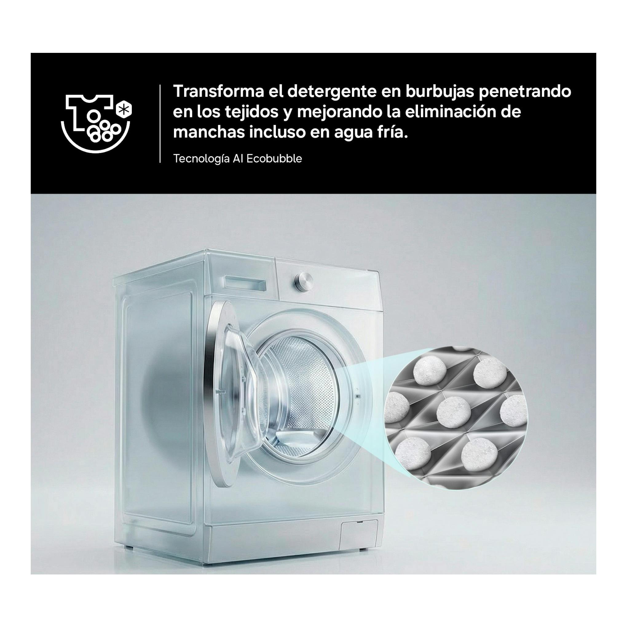 Lavasecadora Samsung WD90HG5U34BXEC blanca, vista frontal con puerta abierta.