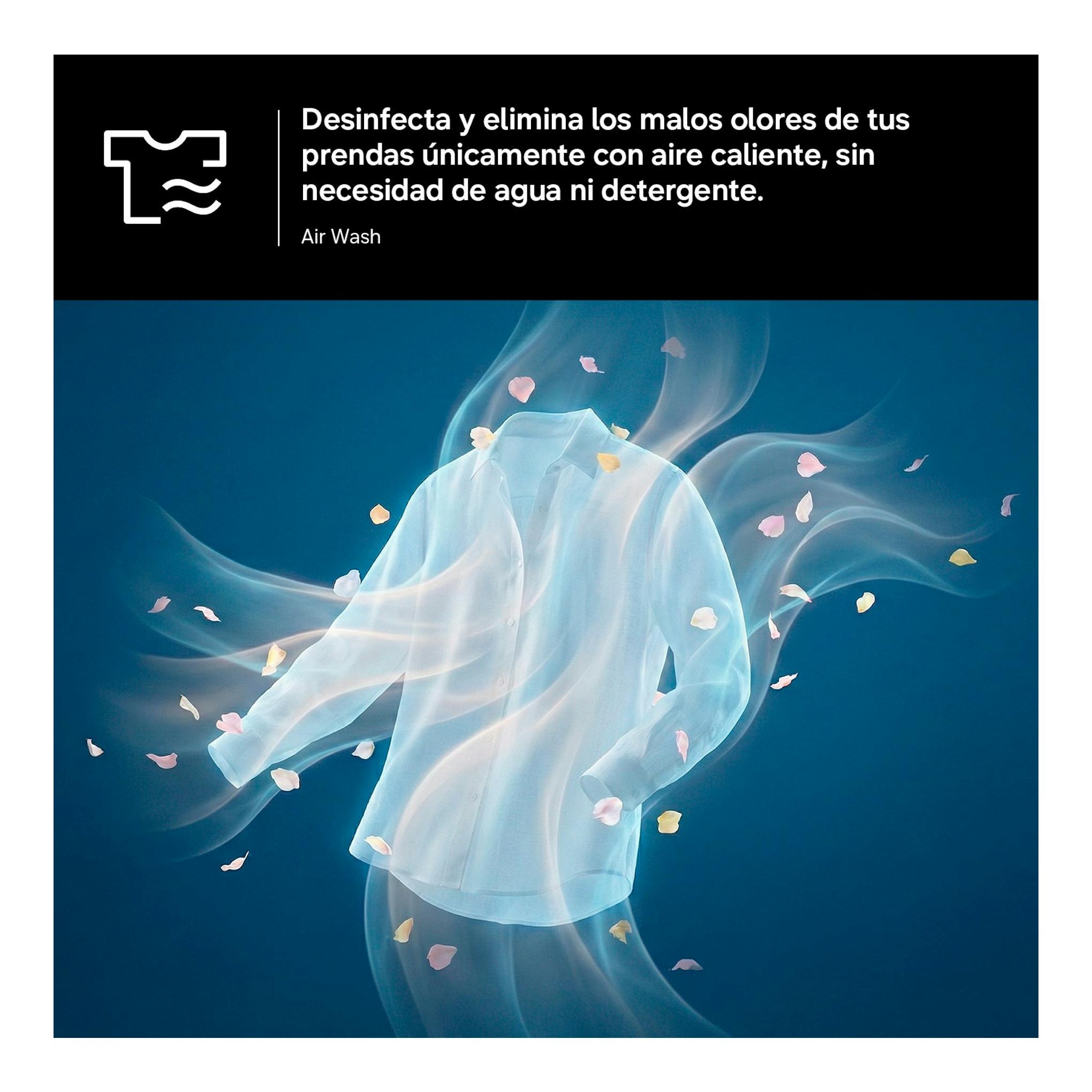 Gráfico frontal de camisa blanca con vapor sobre fondo azul; Samsung WD90HG5U34BXEC, Air Wash.