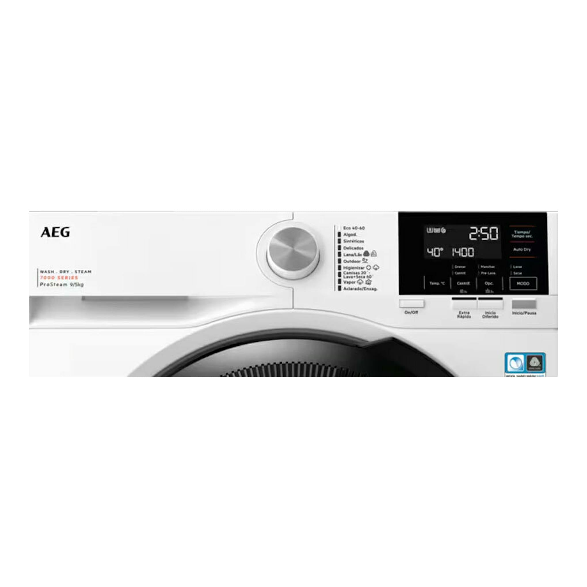 Lavasecadora AEG LWR7194M4B blanca, vista frontal, con panel digital y puerta circular.