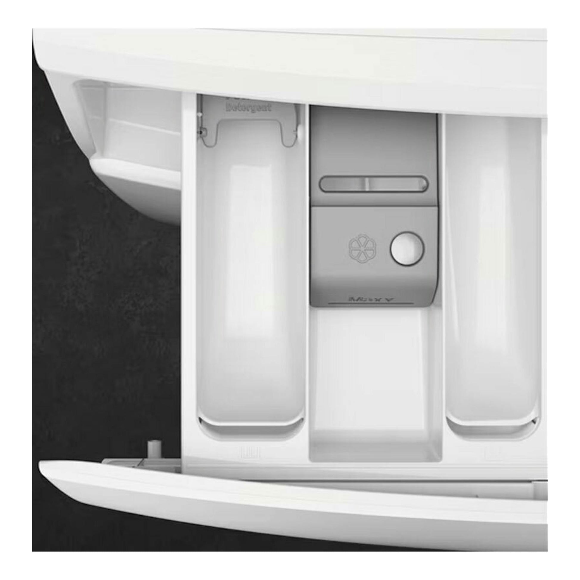 Detalle del dispensador de detergente de una lavasecadora AEG LWR7304L4B blanca, vista frontal.