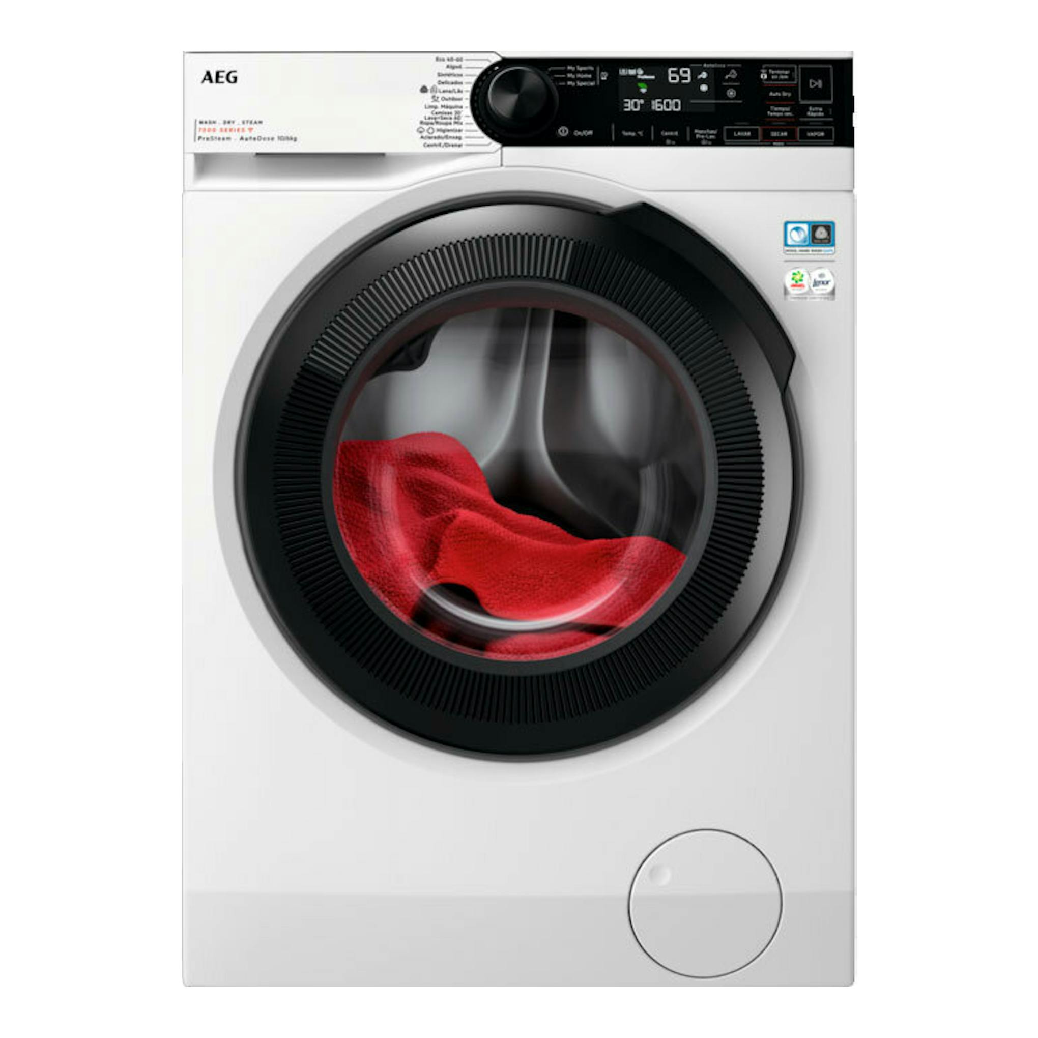 Lavasecadora AEG LWR7316O4B 10 kg blanca, vista frontal, con puerta circular negra y panel digital.