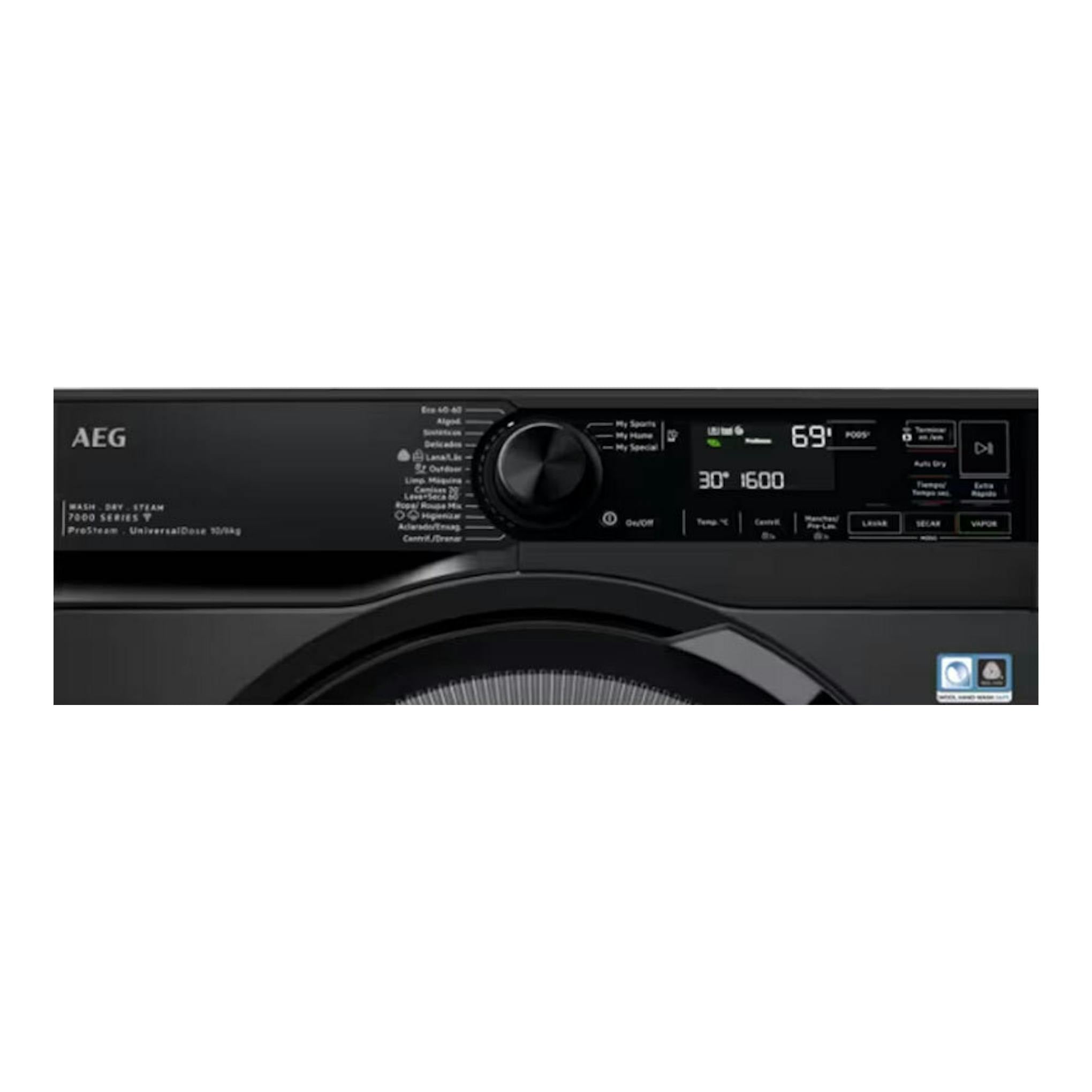 Lavasecadora AEG LWR7316V6O negra, vista frontal parcial del panel de control y puerta.