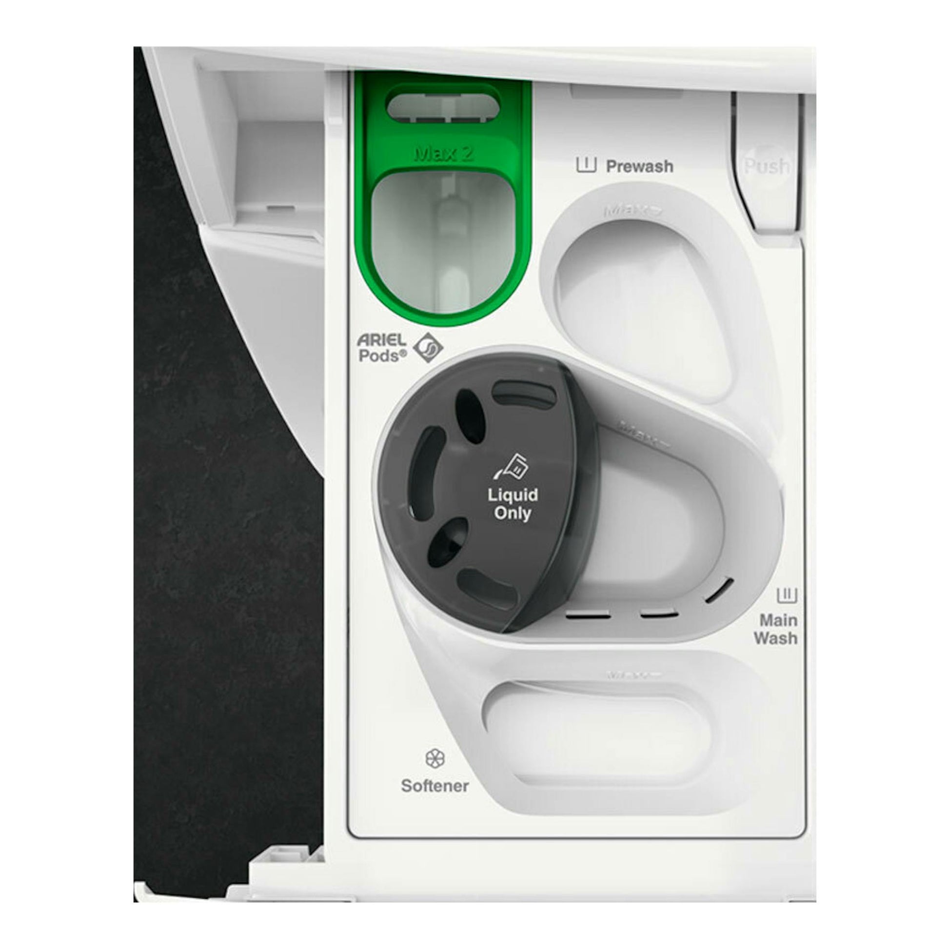 Cajetín de detergente de lavasecadora AEG LWR7316V6O blanca, con compartimentos Prewash, Main Wash y Softener.