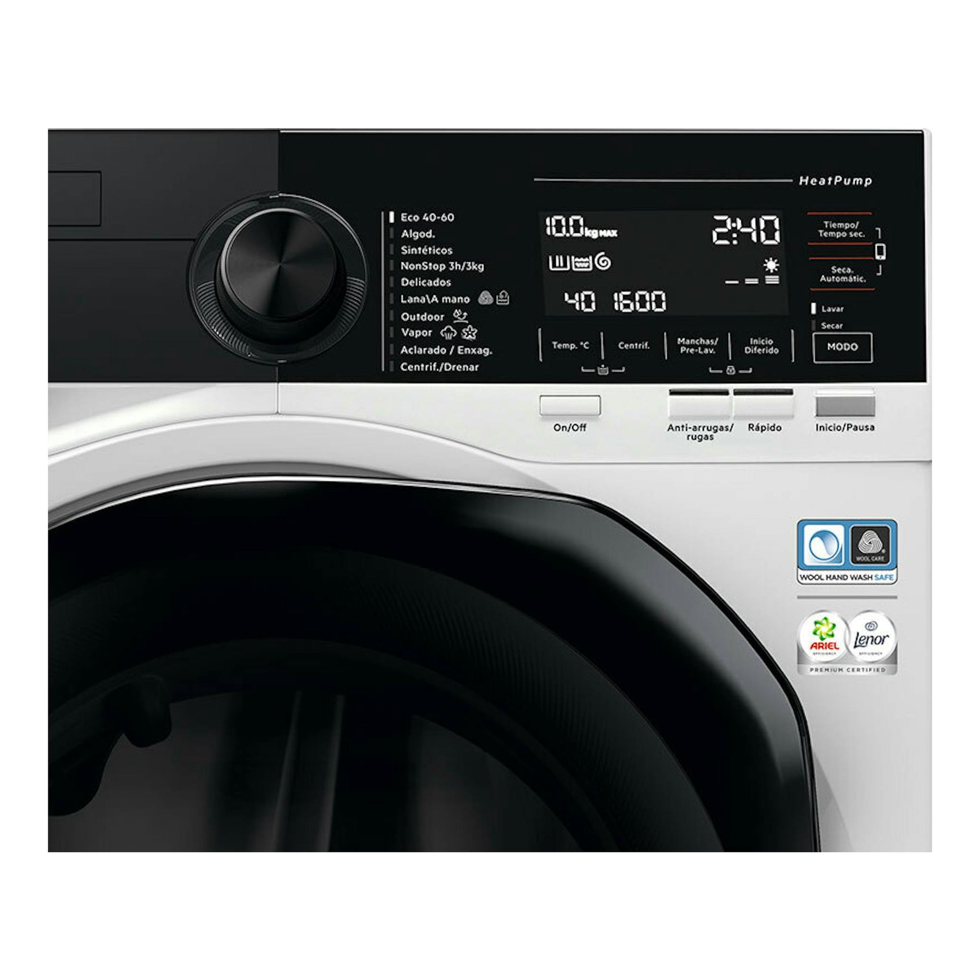 Lavasecadora AEG LWR9816O1C blanca, vista frontal, panel negro con selector y pantalla digital.