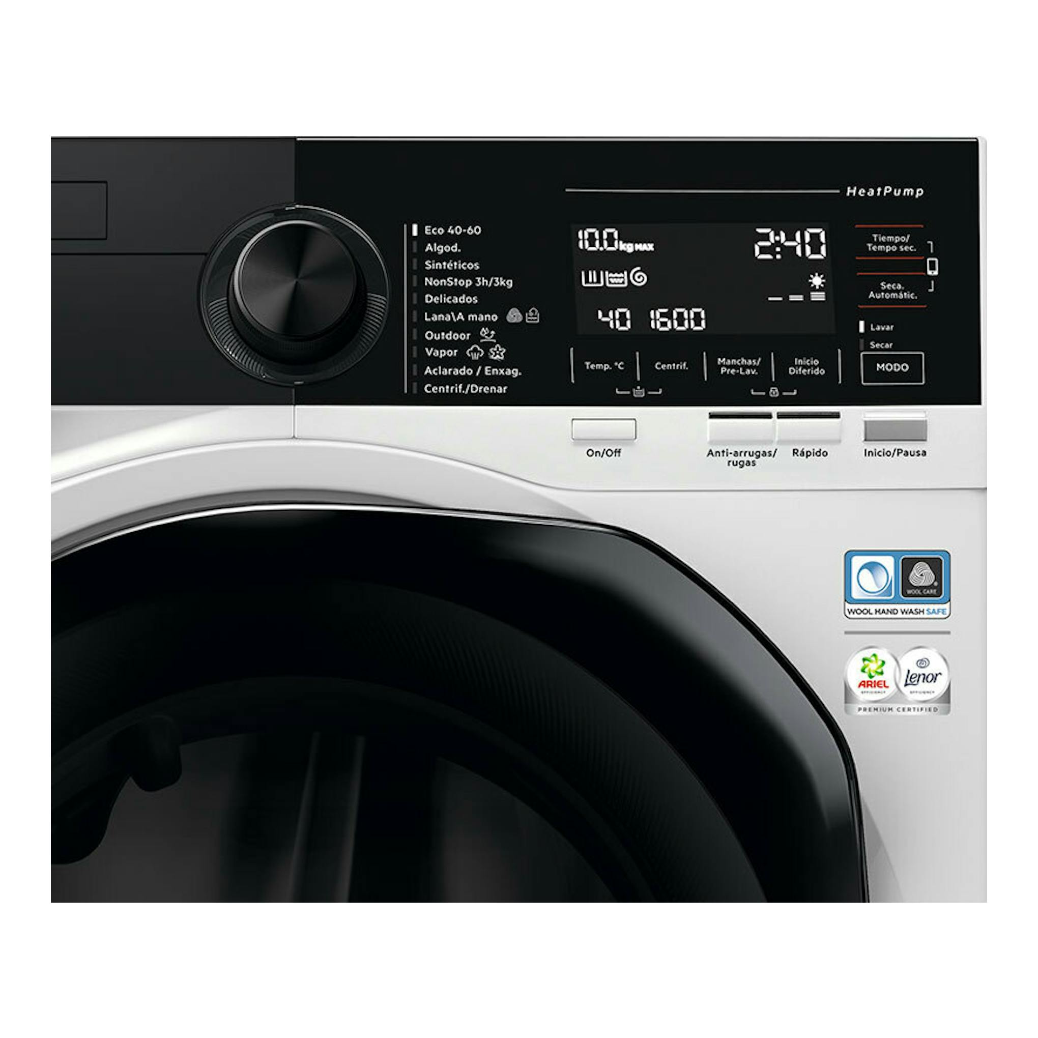 Lavasecadora AEG LWR9816O1C blanca, vista frontal, panel negro con selector y pantalla digital.