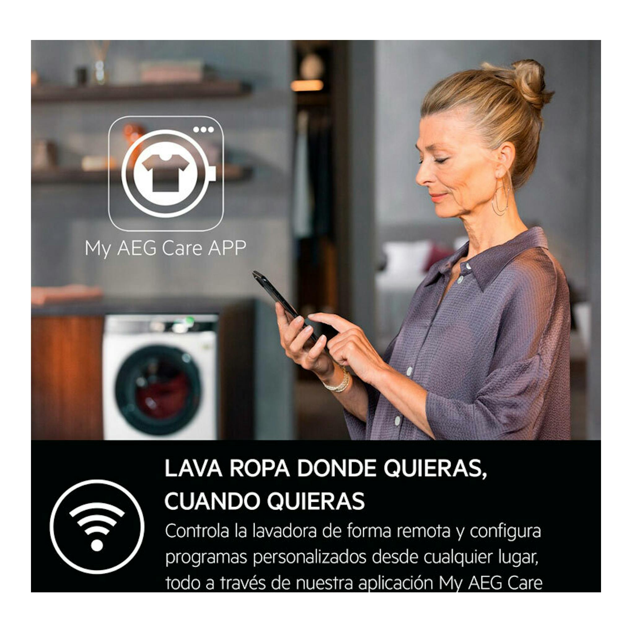AEG LWR9816O1C lavasecadora blanca de fondo; una mujer usa un móvil junto al logotipo My AEG Care.