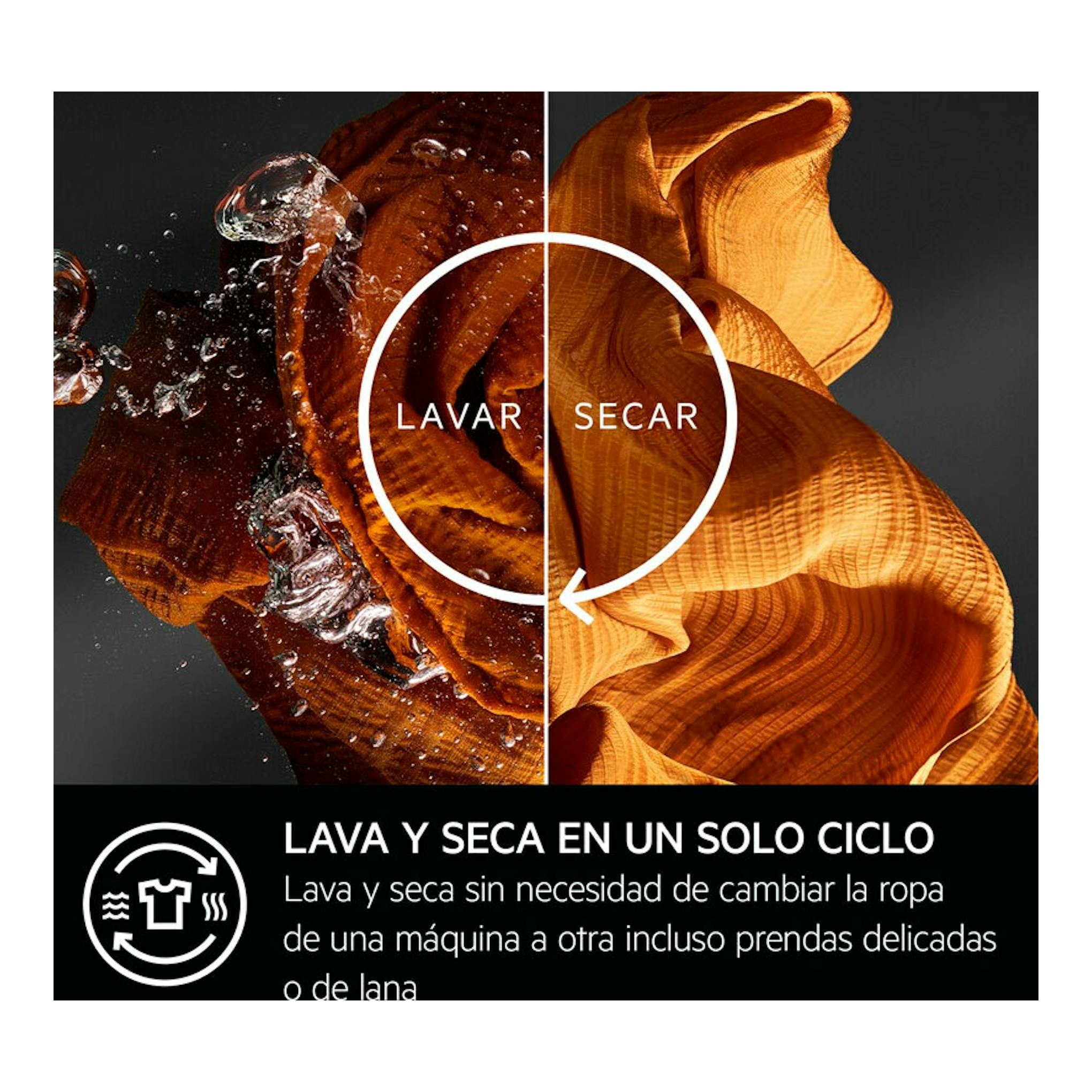 AEG LWR9816O1C 10Kg: gráfico promocional de lavasecadora con tela dividida entre lavar y secar.