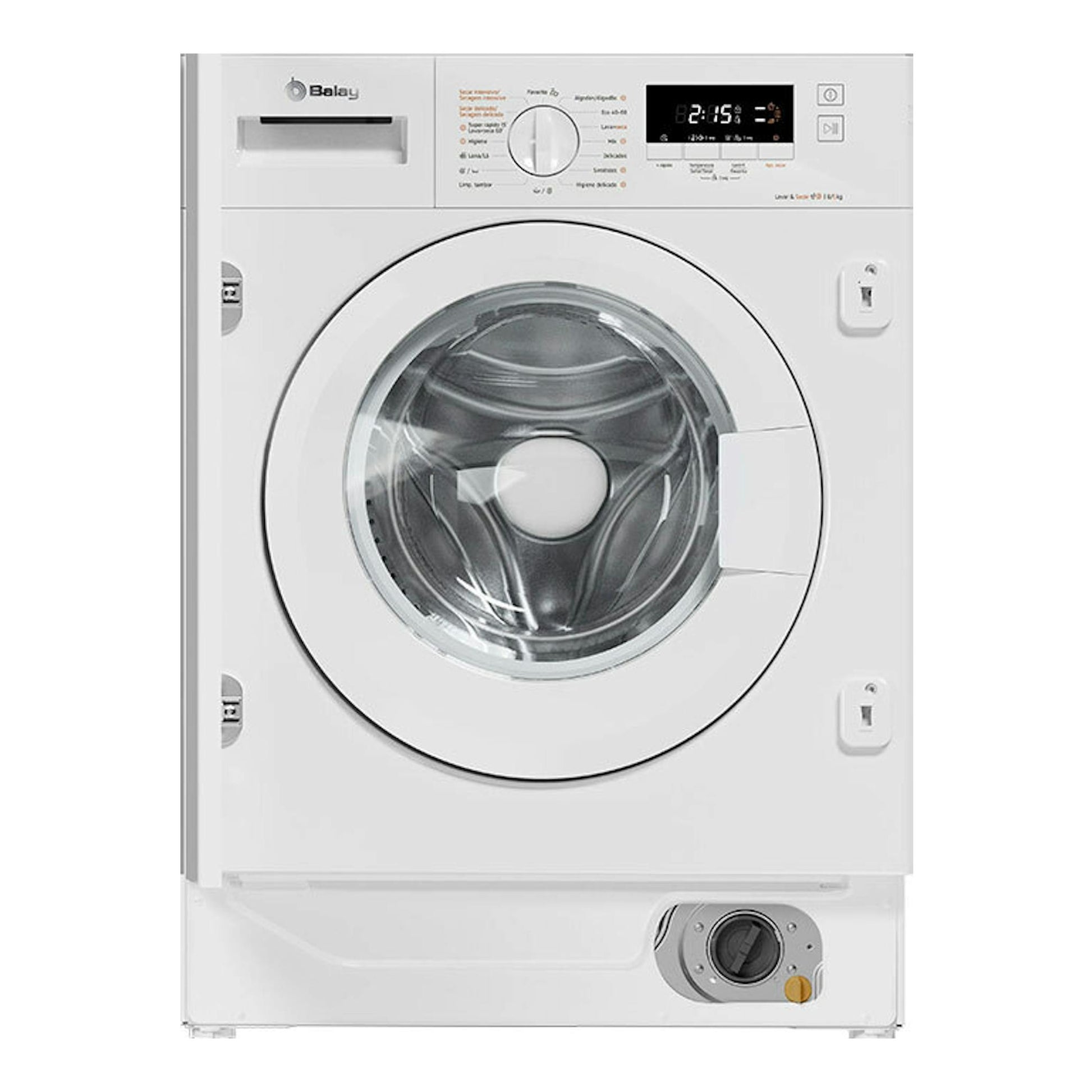 Lavasecadora Balay blanca, vista frontal, con puerta circular, panel digital superior y selector de programas.