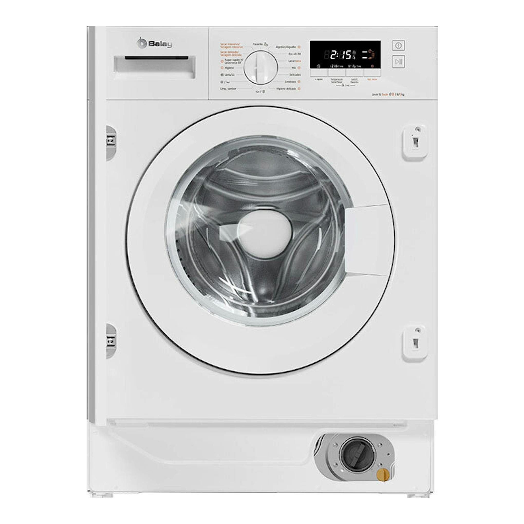 Lavasecadora Balay blanca, vista frontal, con puerta circular, panel digital superior y selector de programas.