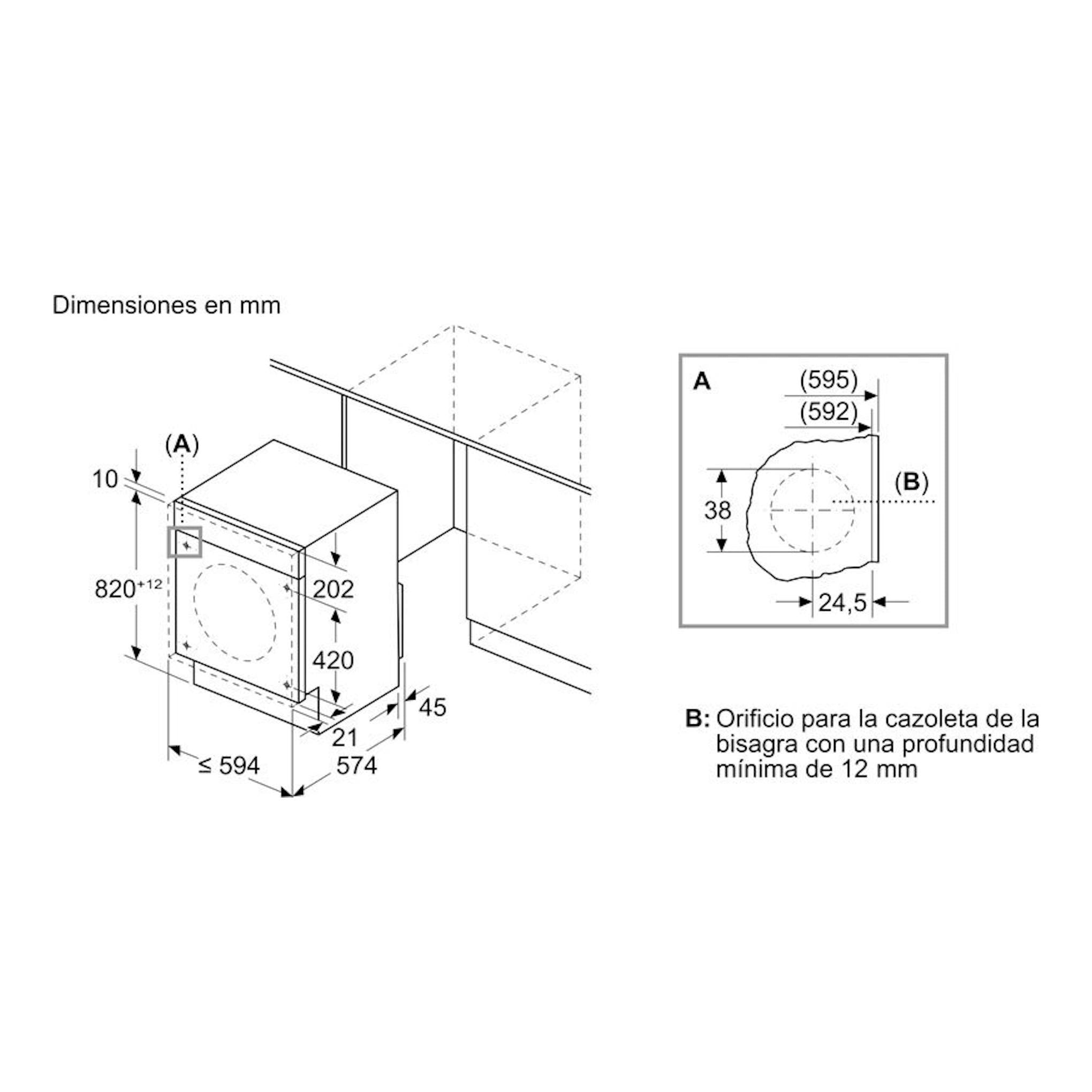 Diagrama técnico de instalación de lavasecadora Balay 3TW885B, vista frontal con medidas en mm.