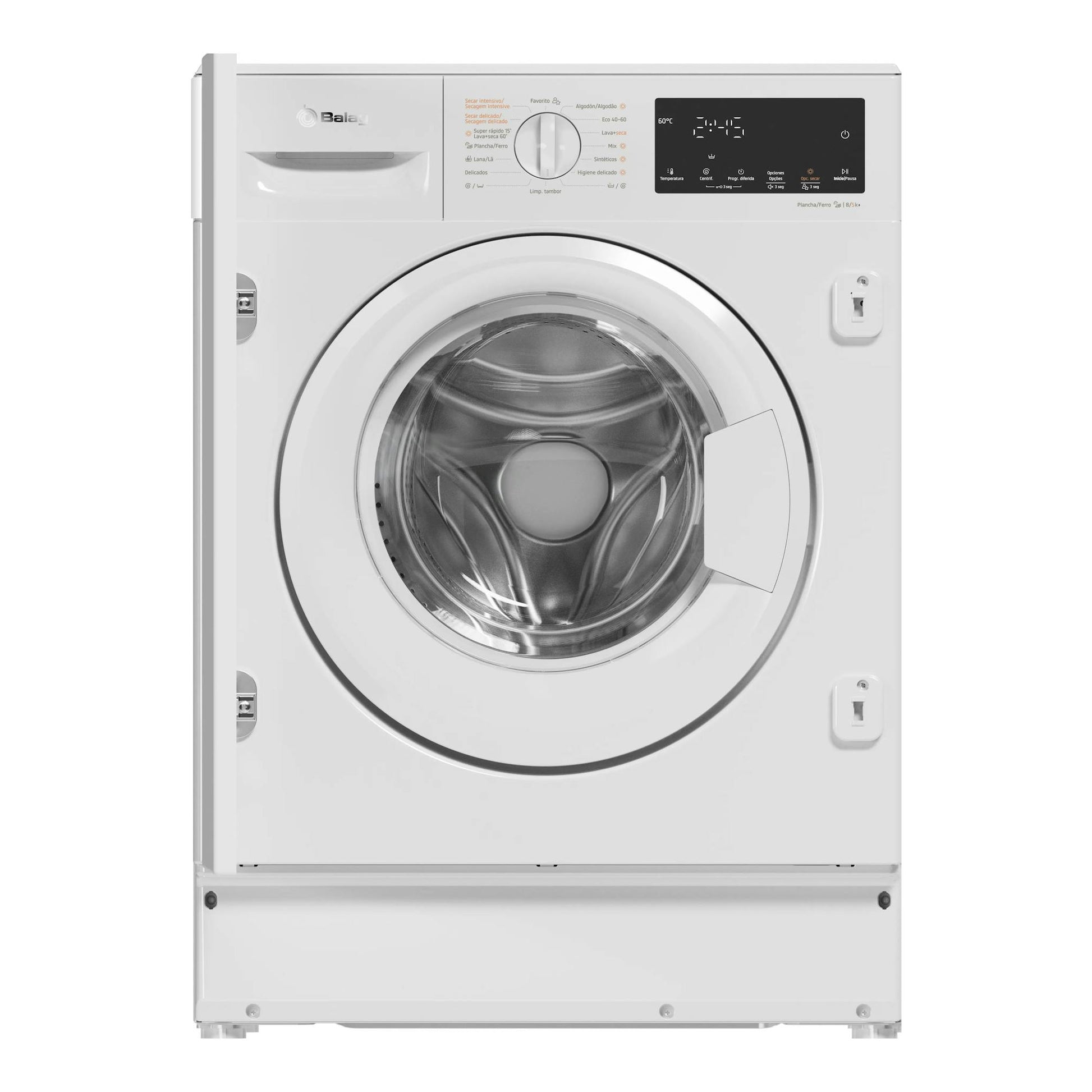 Lavasecadora integrada Balay 3TW887B, vista frontal, blanca, con puerta de carga circular y panel digital.