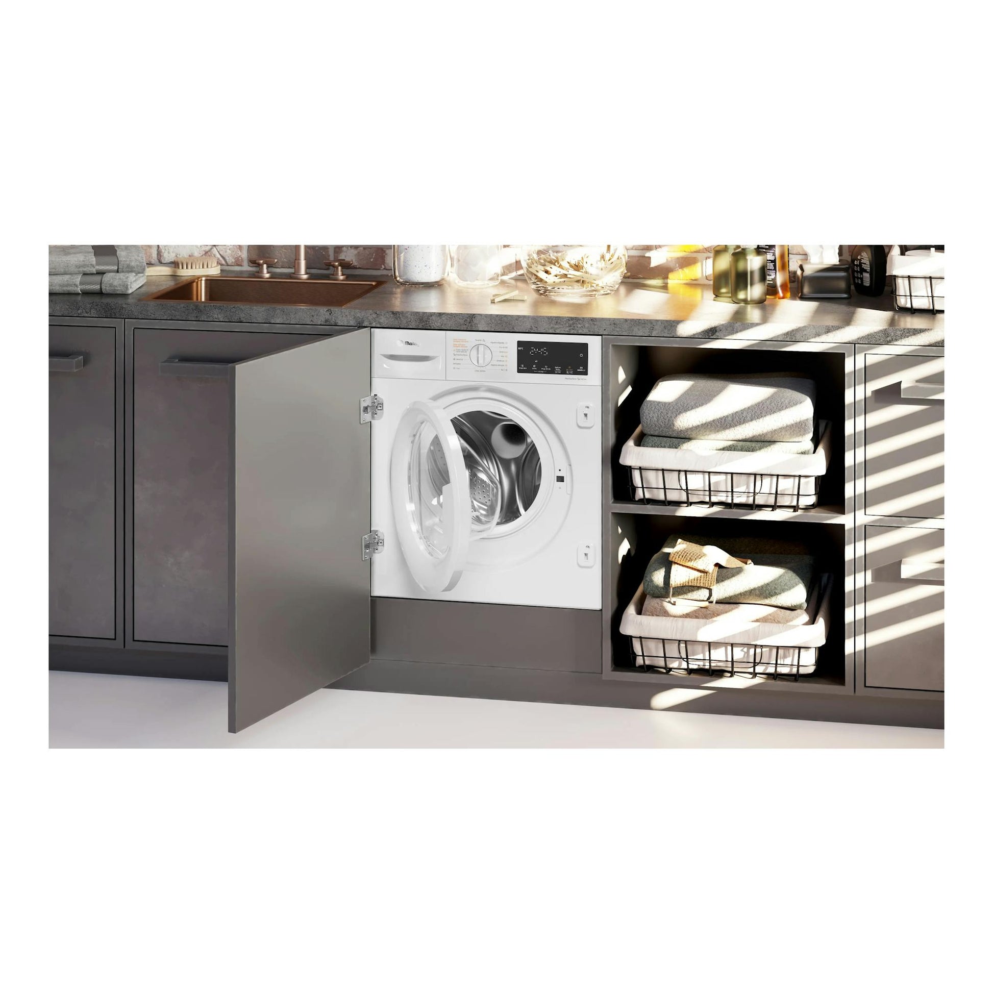 Lavasecadora Balay 3TW887B blanca integrada en mueble de cocina, con puerta frontal abierta.