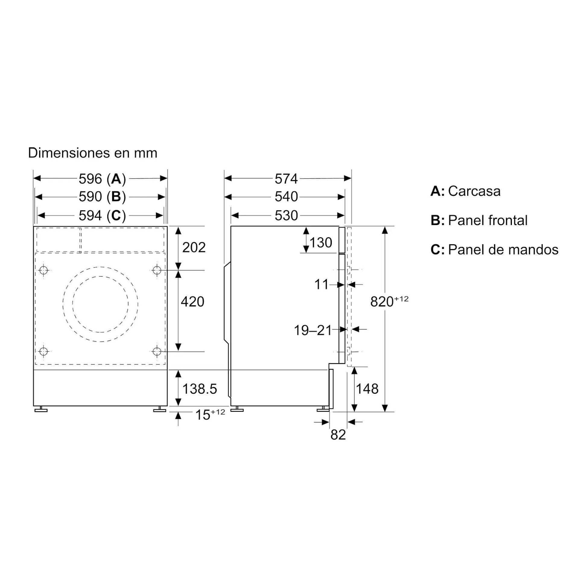Balay 3TW887B: plano técnico de lavasecadora integrable, vistas frontal y lateral, con dimensiones en mm.