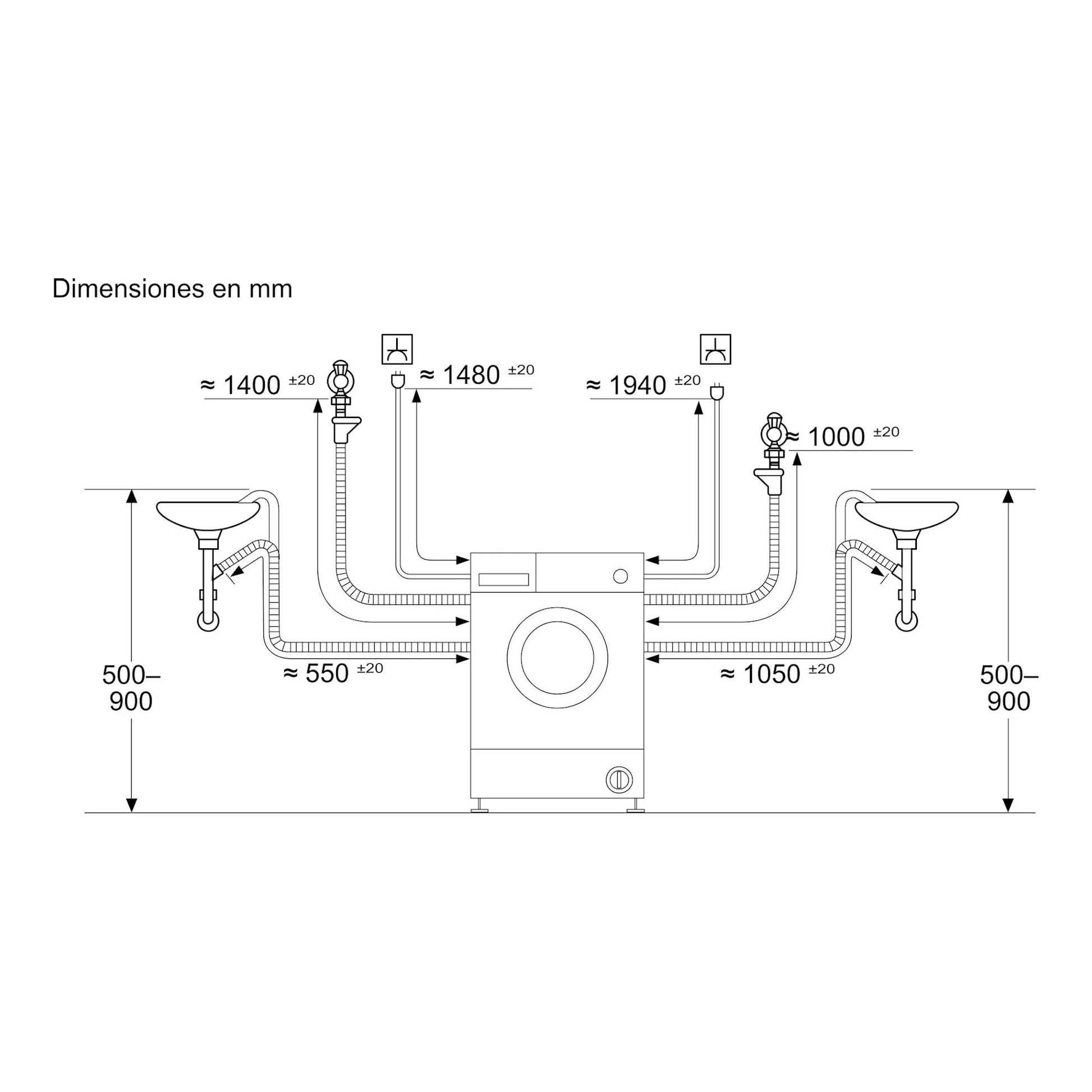 Balay 3TW887B, esquema frontal de lavasecadora integrable con dimensiones y conexiones en mm.
