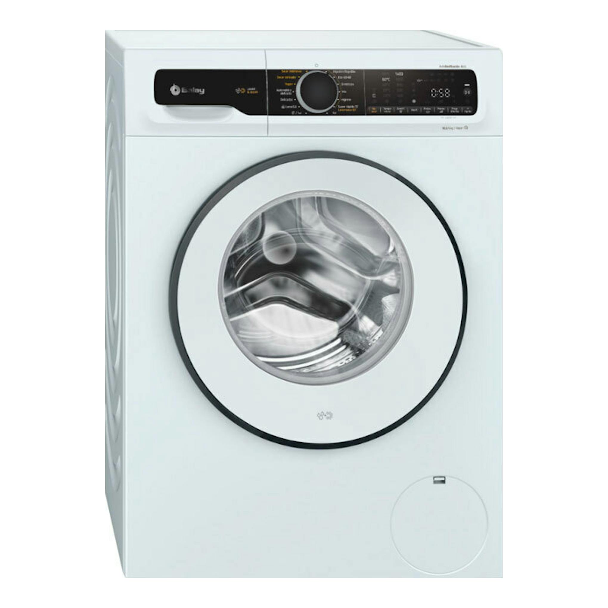 Lavasecadora Balay 3TW9105BD blanca, vista frontal, con puerta circular y panel superior negro.