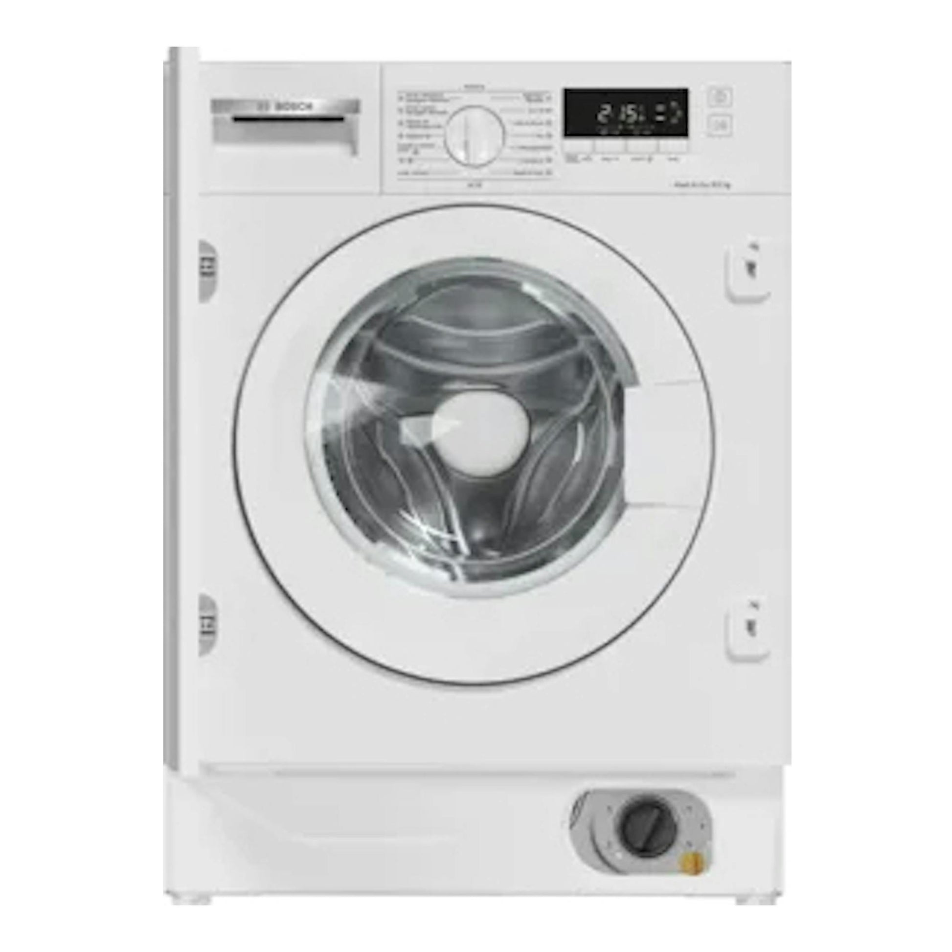 Lavasecadora Bosch WKD28260ES blanca, vista frontal, integrada, con puerta circular y panel de control superior.