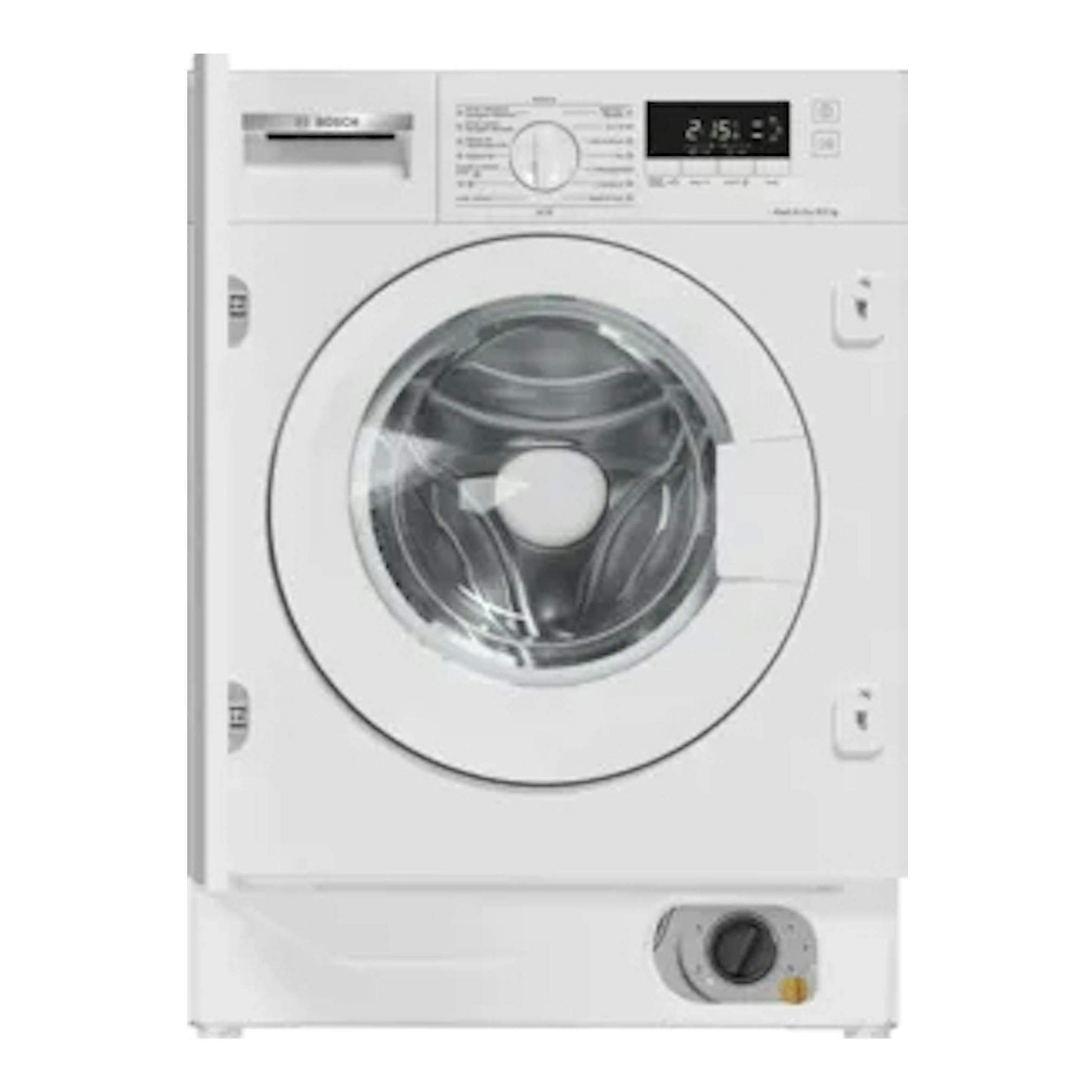Lavasecadora Bosch WKD28260ES blanca, vista frontal, integrada, con puerta circular y panel de control superior.