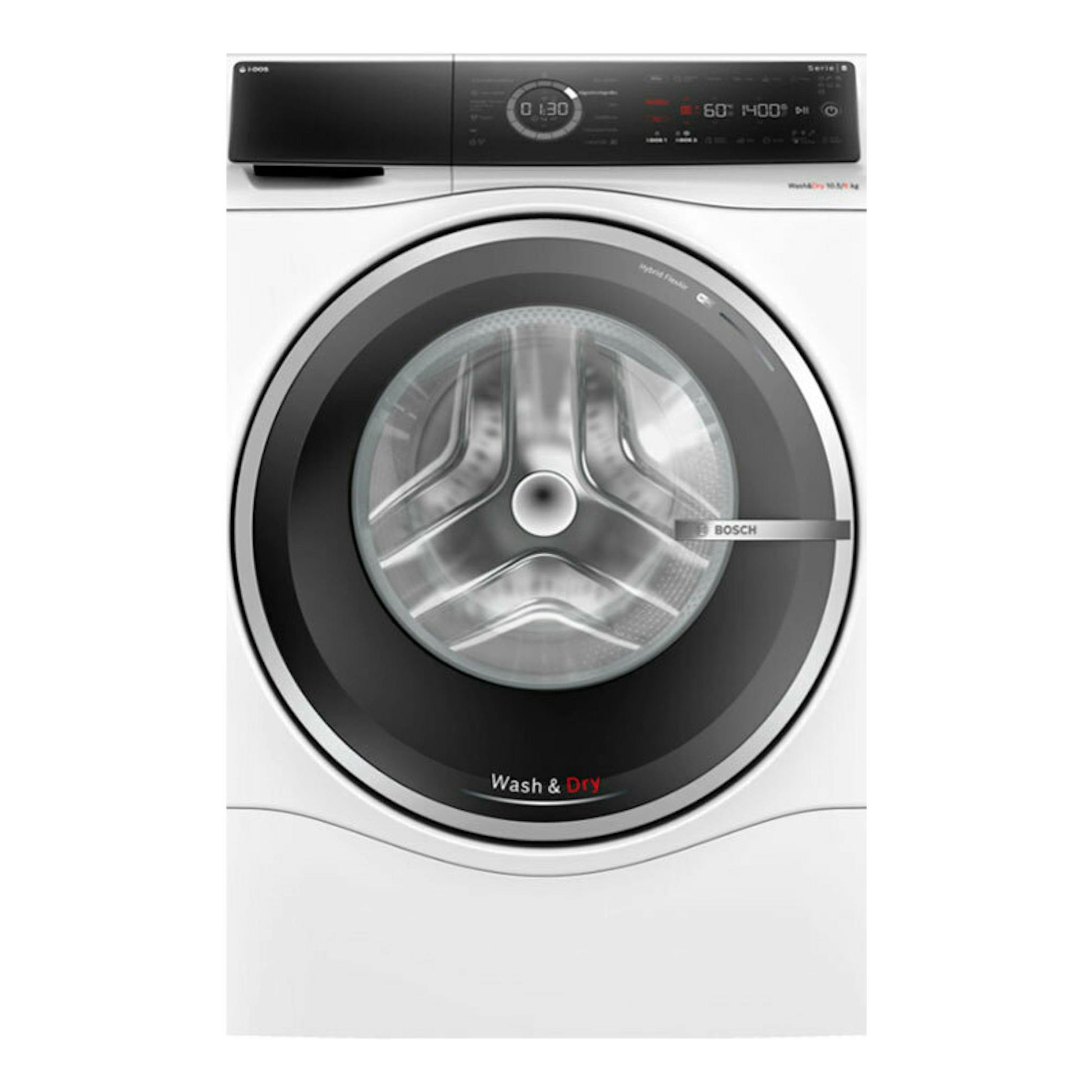 Lavasecadora Bosch WNC254A0ES blanca, vista frontal, con puerta circular negra y panel digital superior.