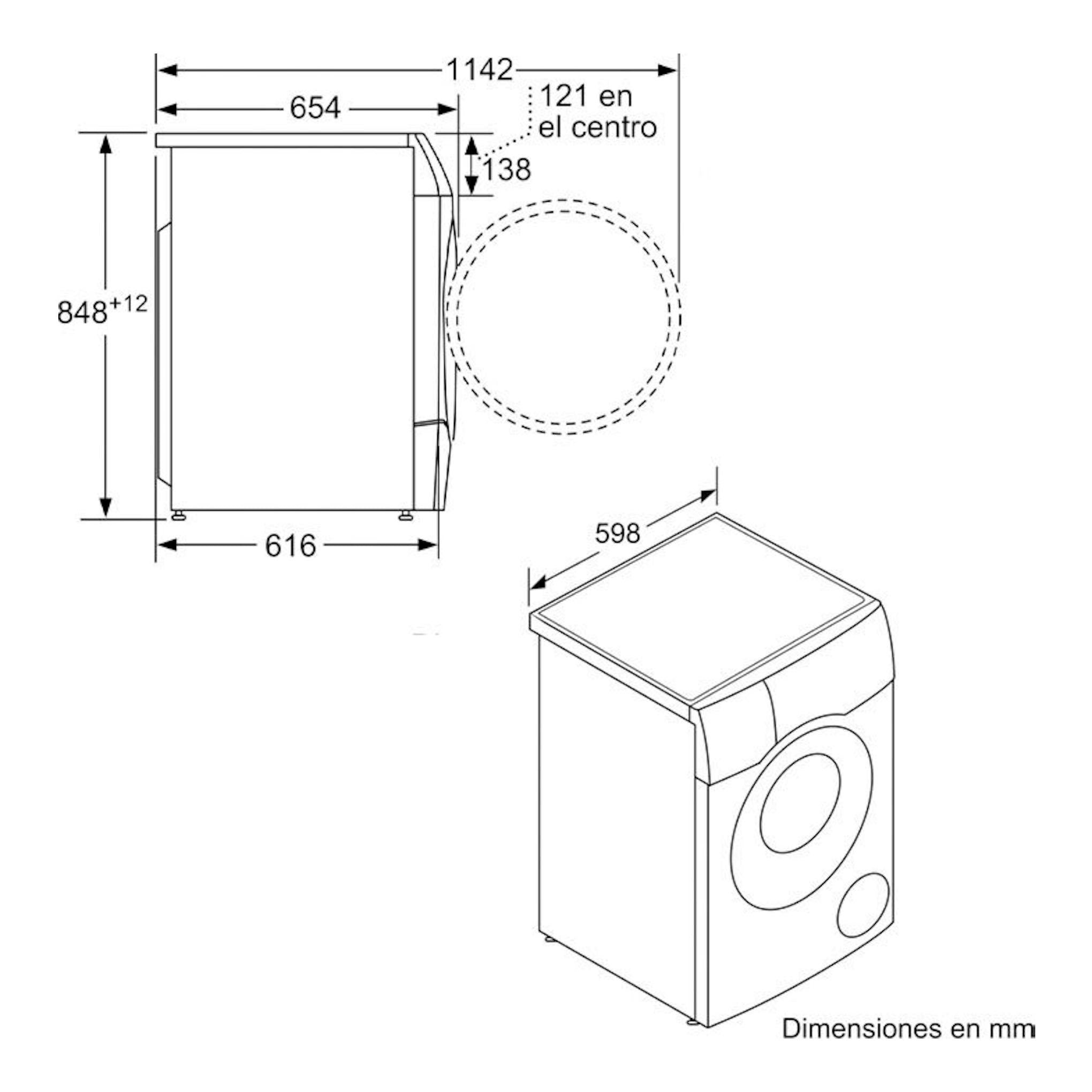 Bosch WNC254A0ES, lavasecadora en dibujo técnico con vistas frontal y lateral, dimensiones en mm.
